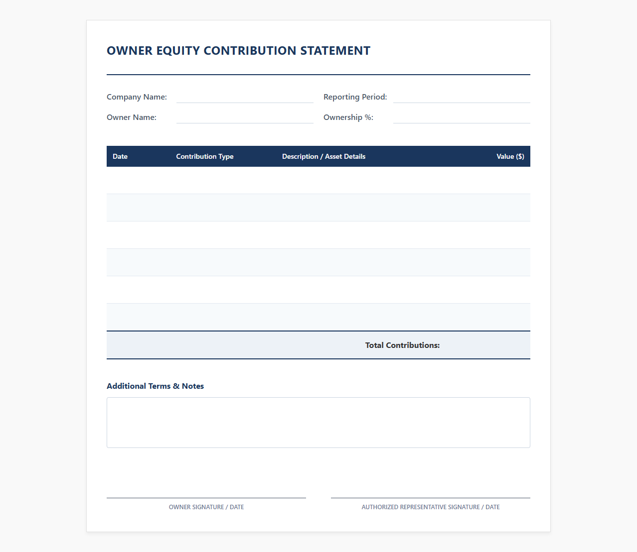 Owner Equity Contribution Tracking Template