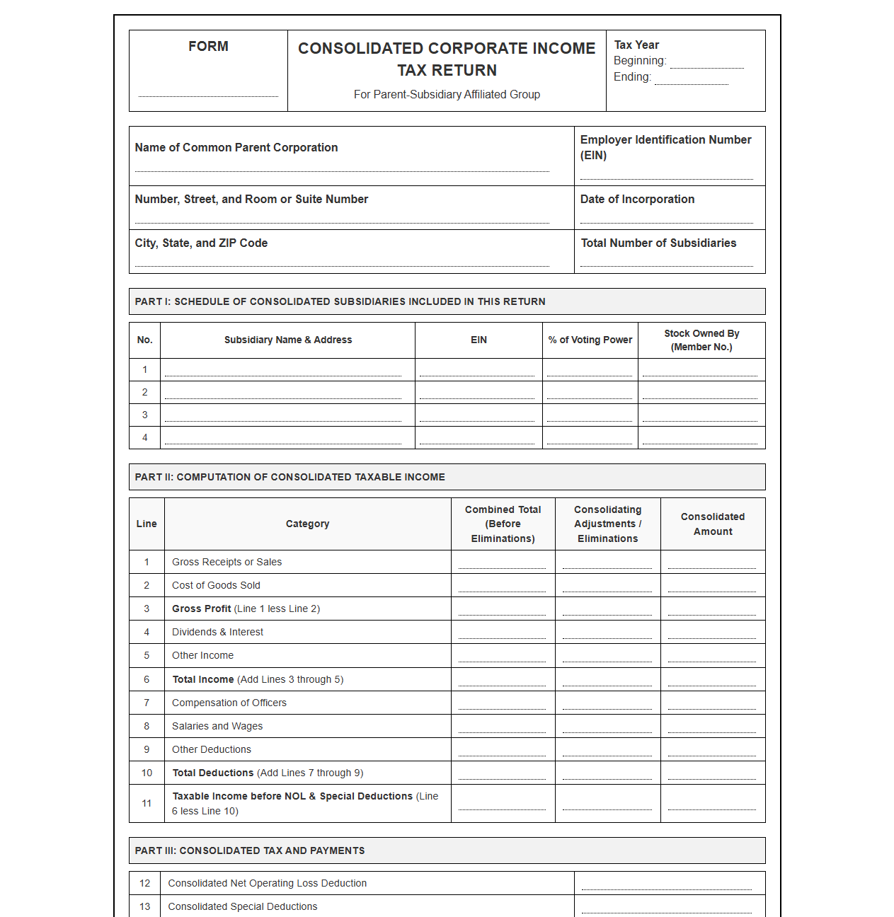 Parent-Subsidiary Consolidated Tax Return Form