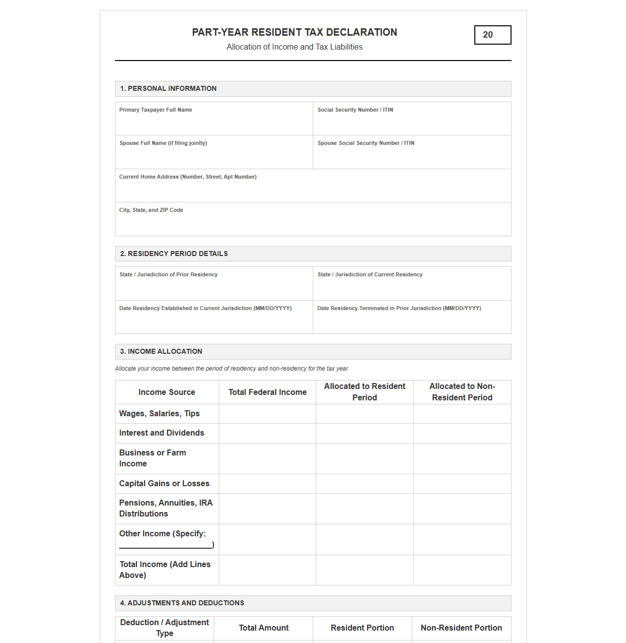 Partial-Year Resident Tax Declaration Template