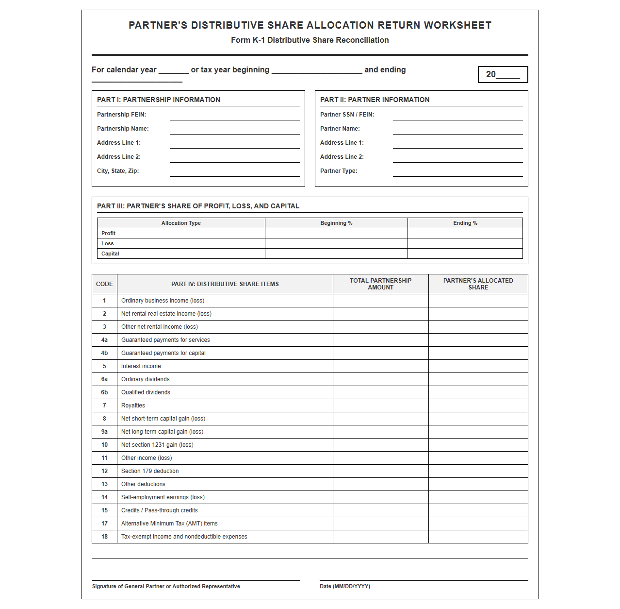 Partner Distributive Share Allocation Return Worksheet