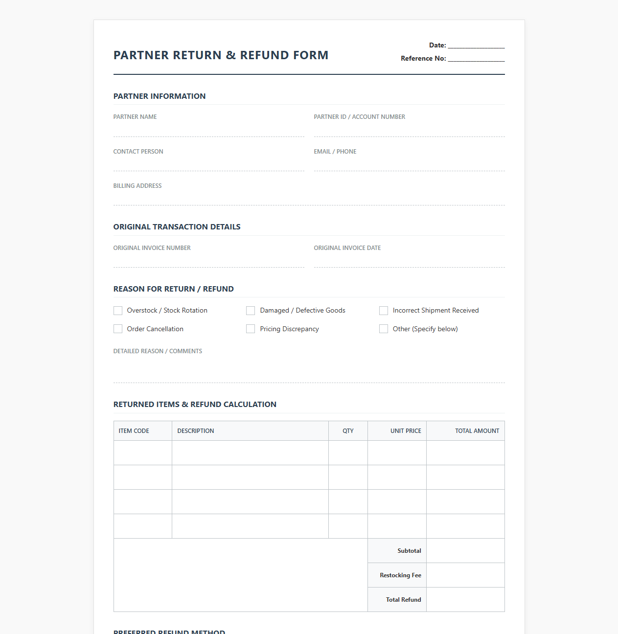 Partner Refund and Return Template