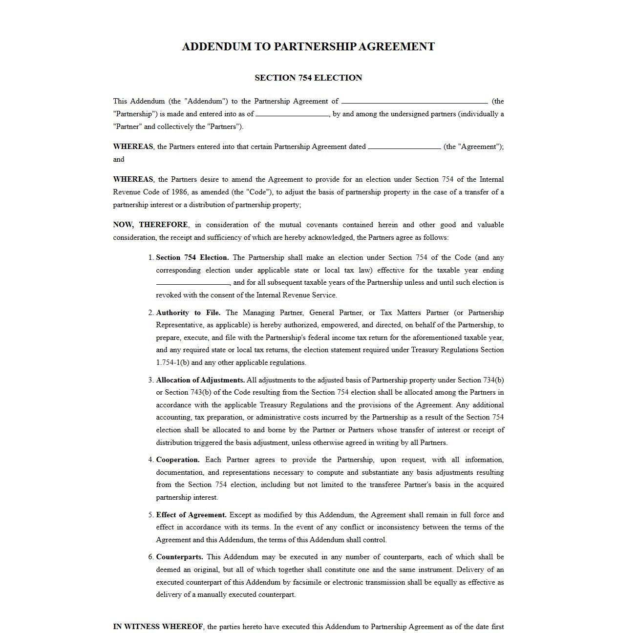 Partnership Agreement Addendum for Section 754 Election