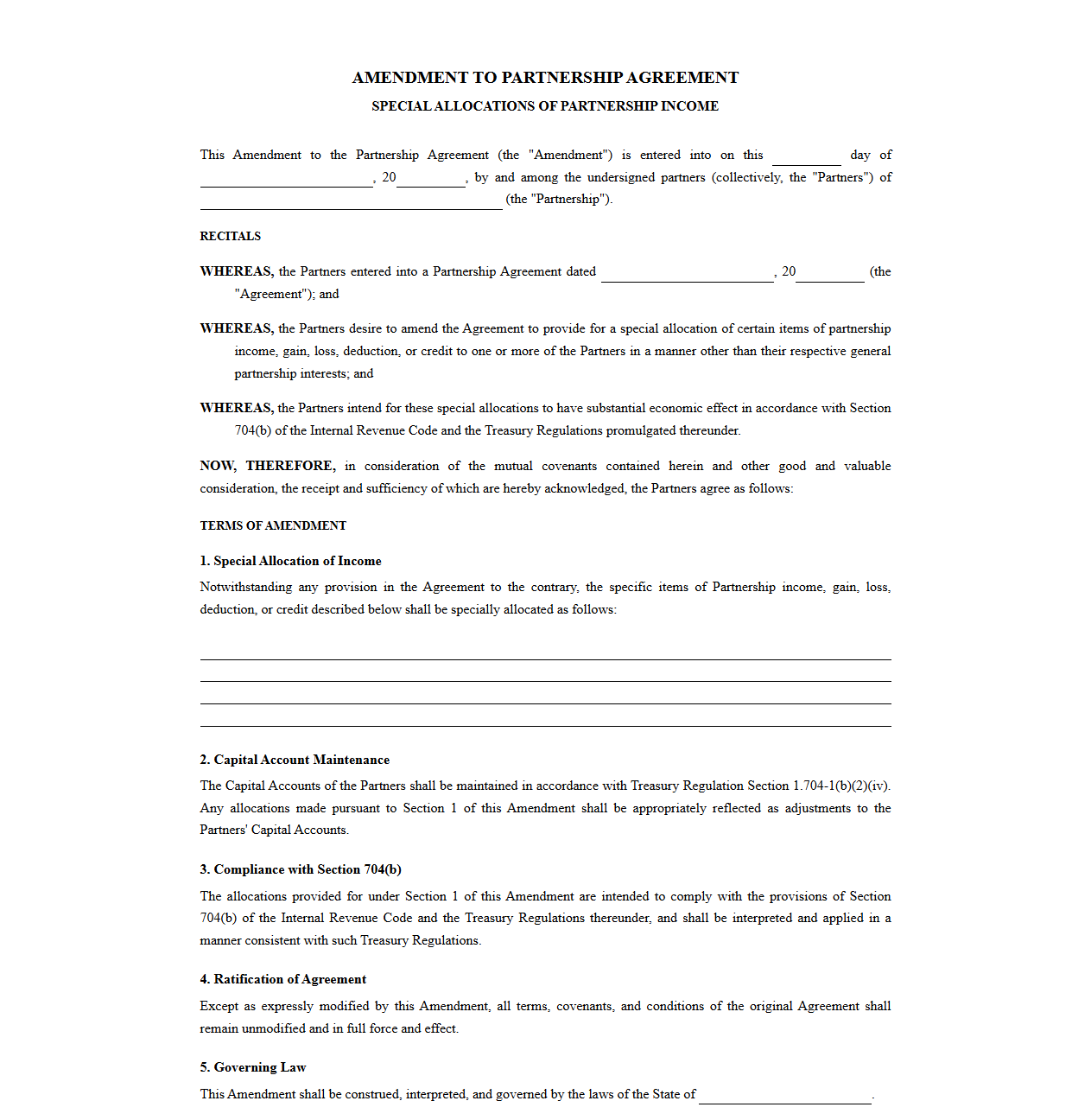 Partnership Agreement Amendment for Special Income Allocations