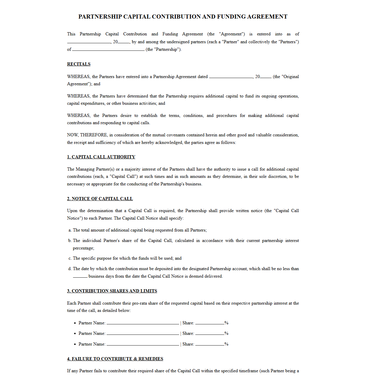 Partnership Capital Contribution and Funding Agreement