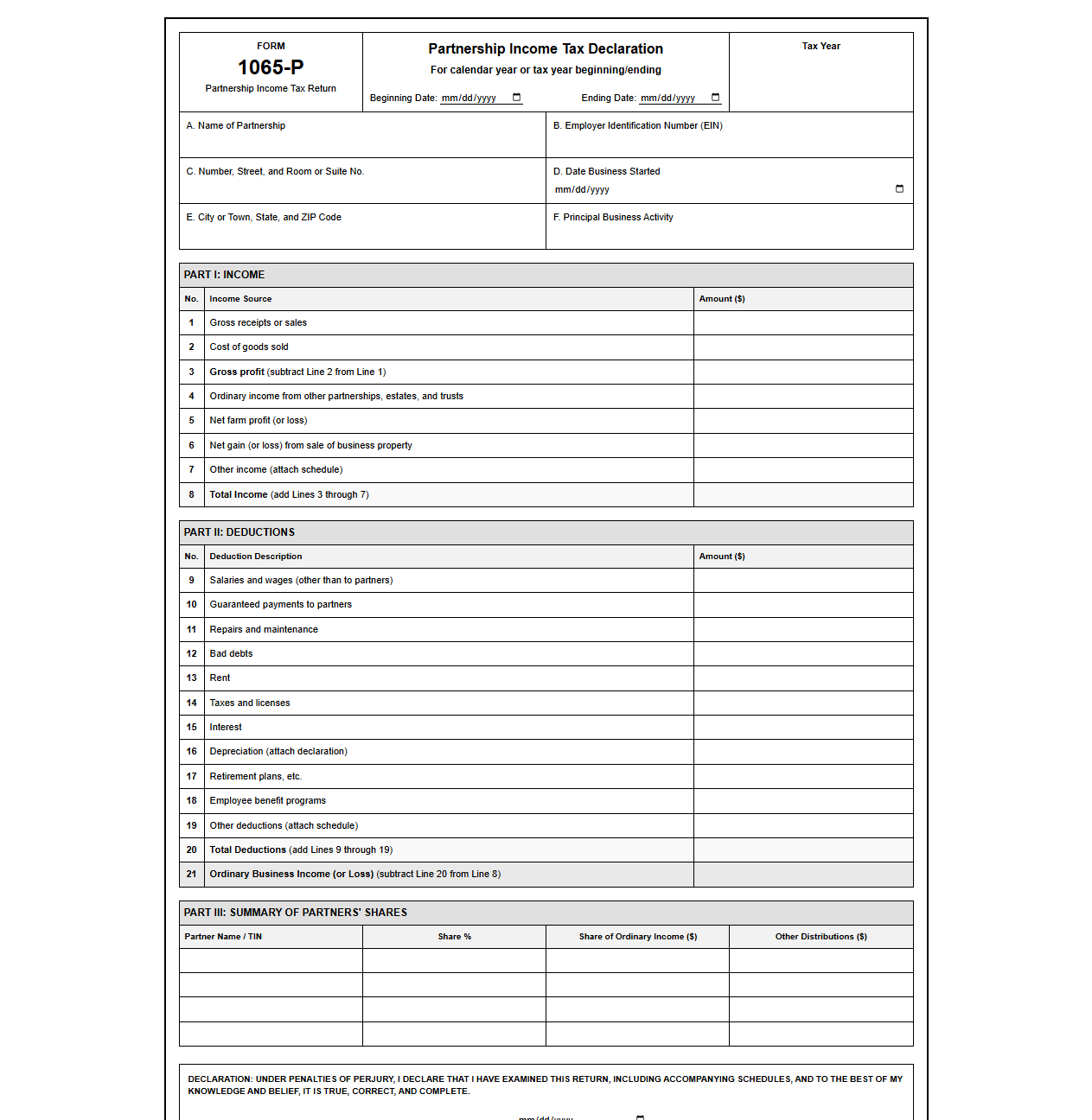 Partnership Income Tax Declaration Form