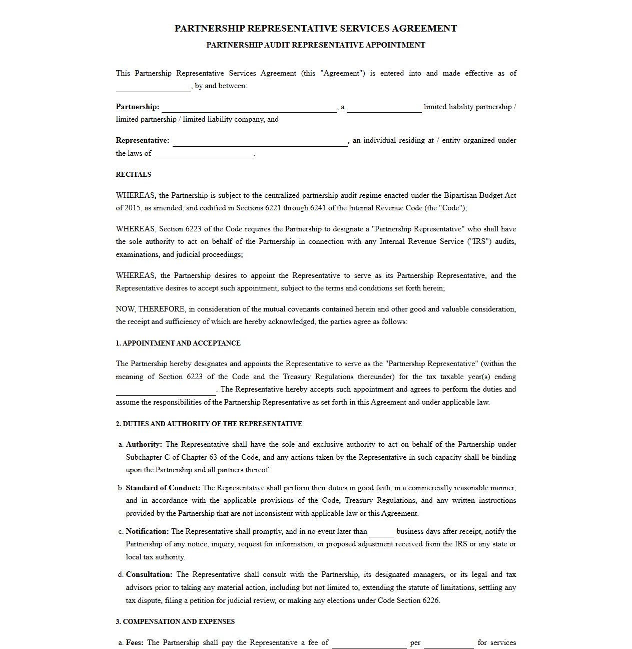 Partnership Representative Services Agreement Template