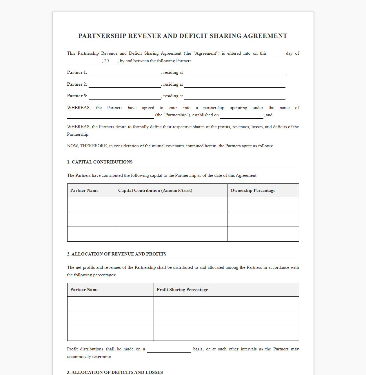 Partnership Revenue and Deficit Sharing Agreement Template