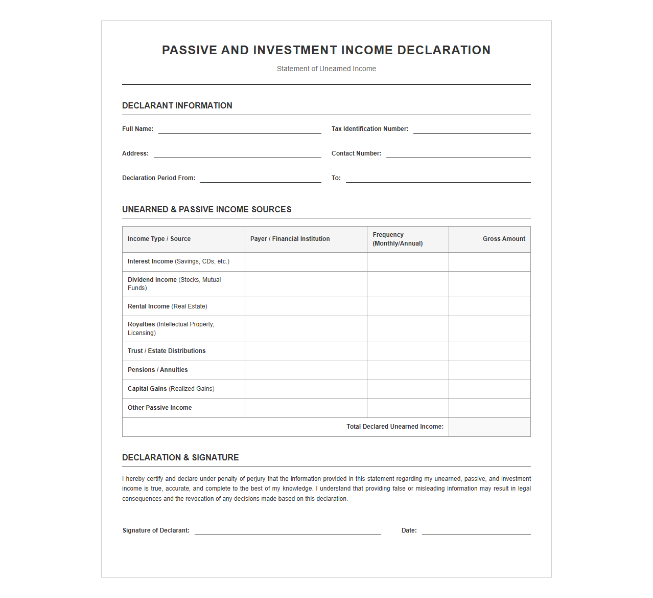 Passive and Investment Income Declaration Template