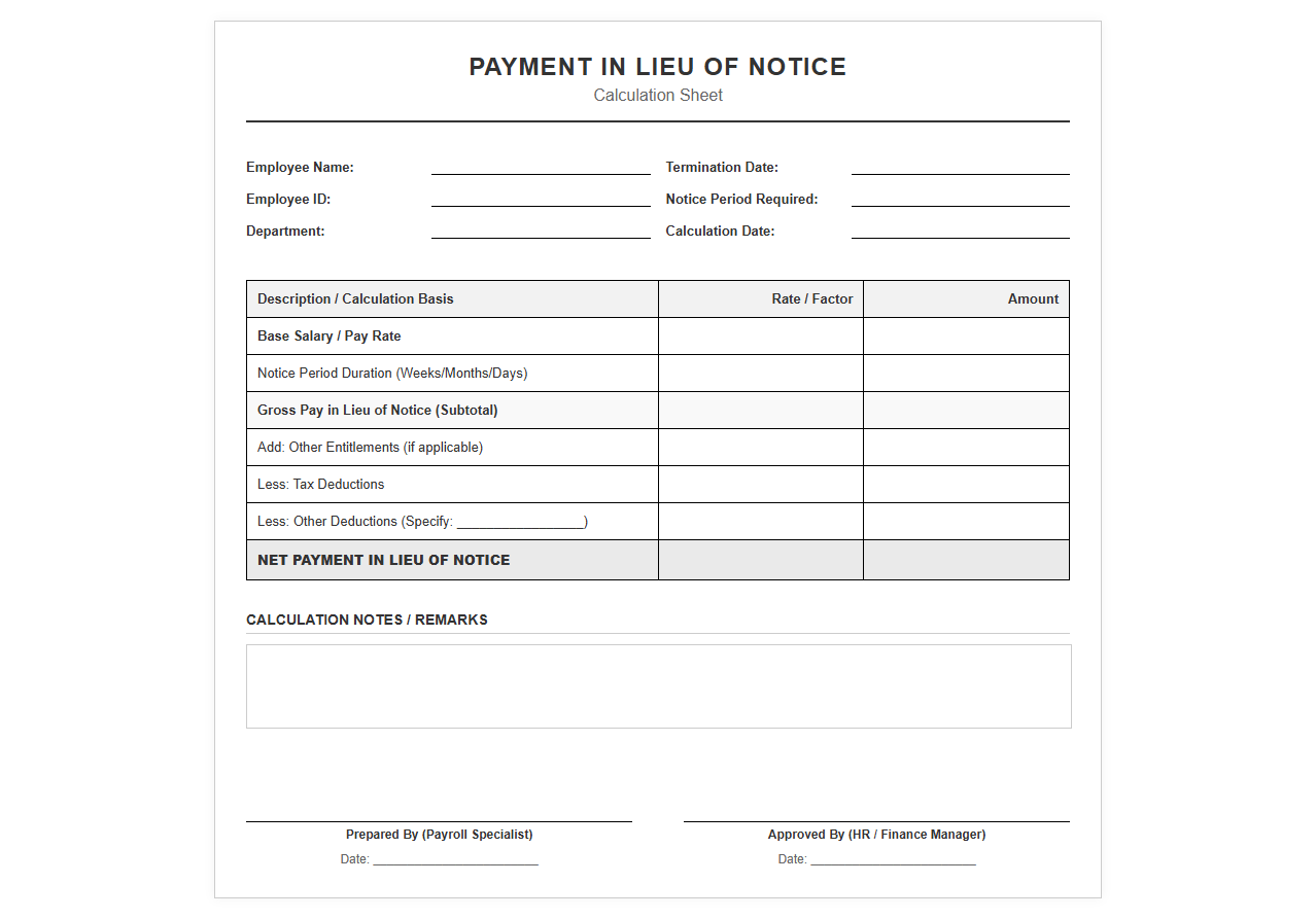 Payment in Lieu of Notice Calculation Sheet