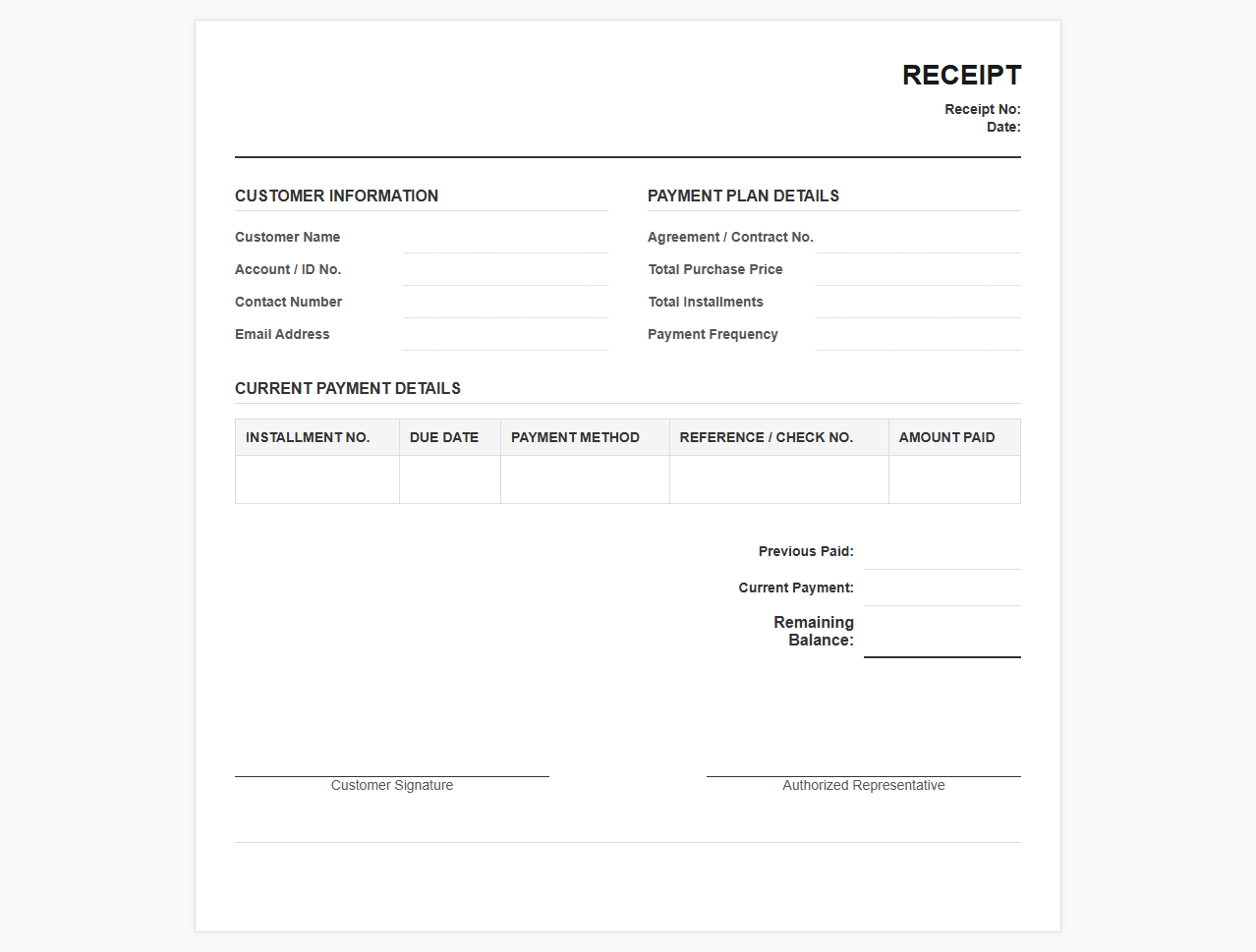 Payment Plan Receipt Template