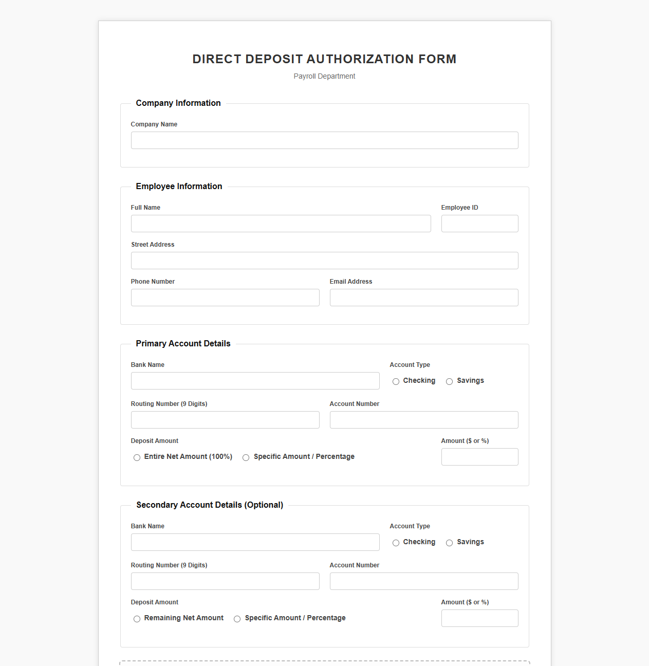 Payroll Direct Deposit Sign-Up Form