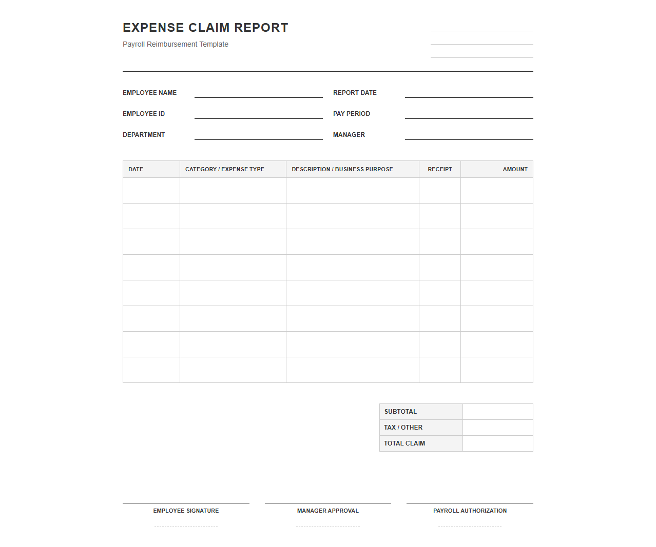 Payroll Expense Claim Report Template