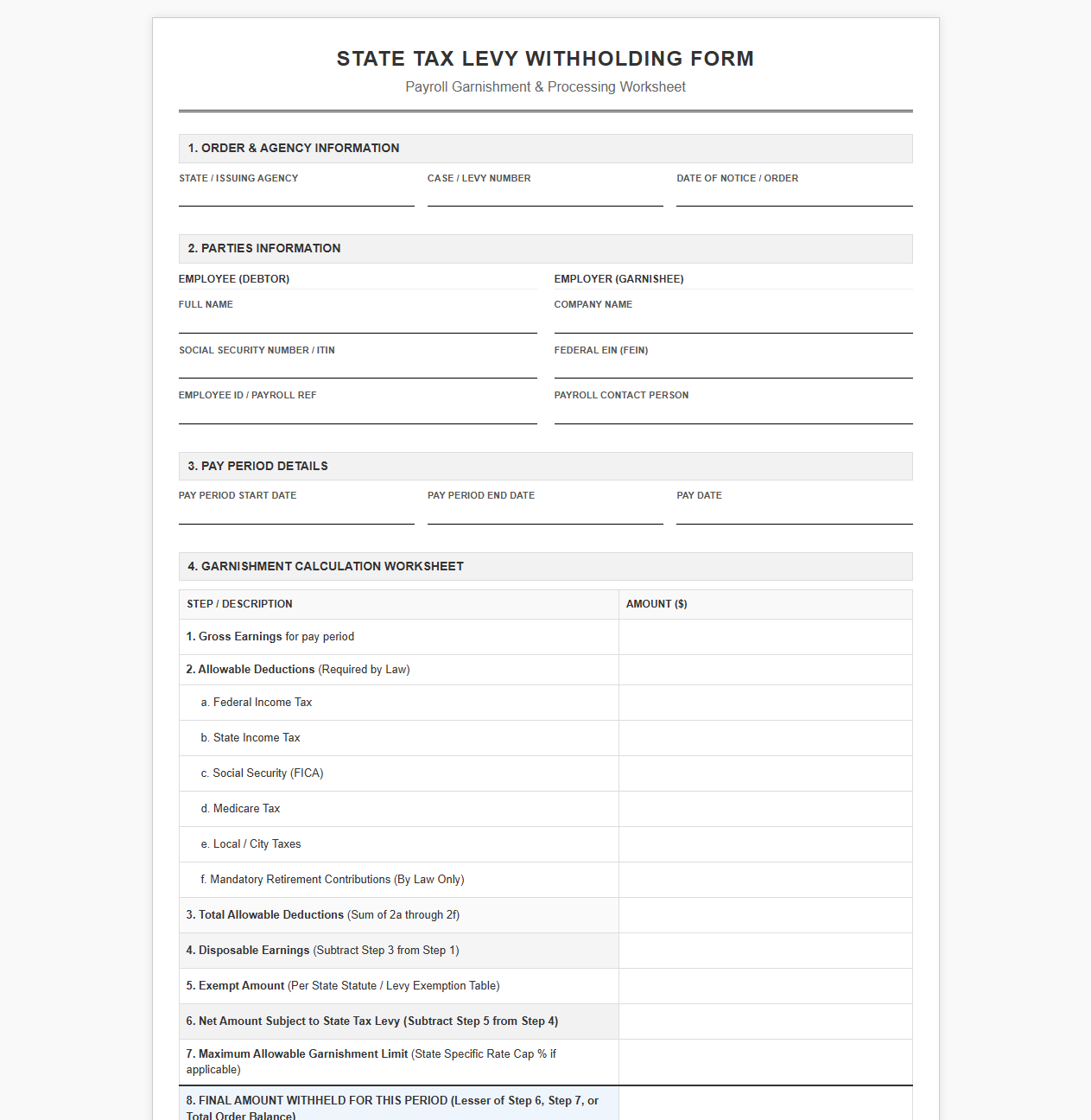 Payroll Form for State Tax Garnishment
