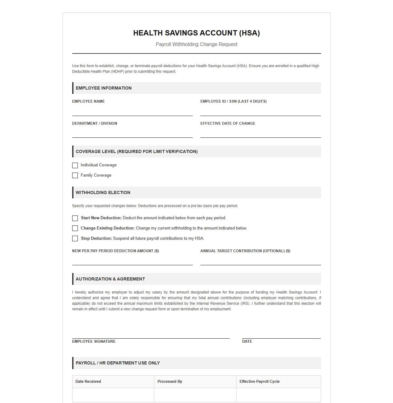 Payroll HSA Withholding Change Request Template