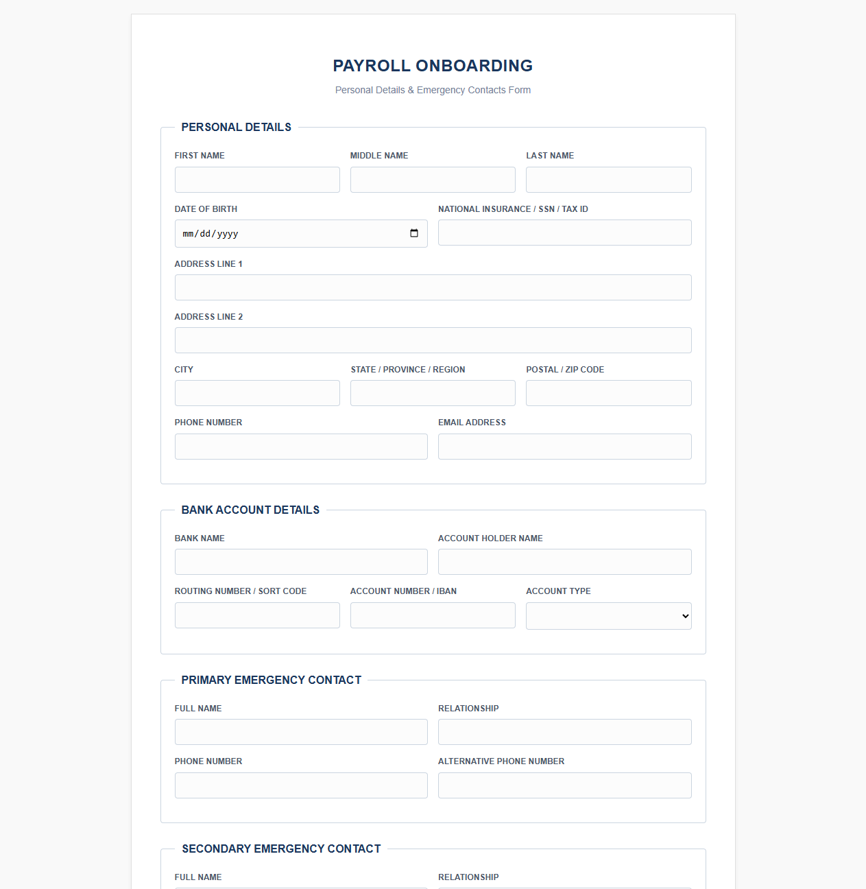 Payroll Onboarding Personal Information and Emergency Contact Form
