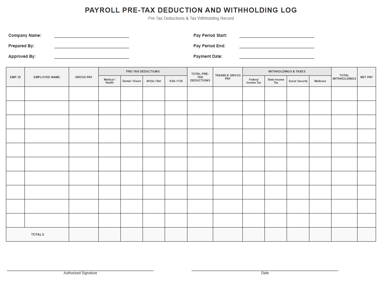Payroll Pre-Tax Deduction and Withholding Log