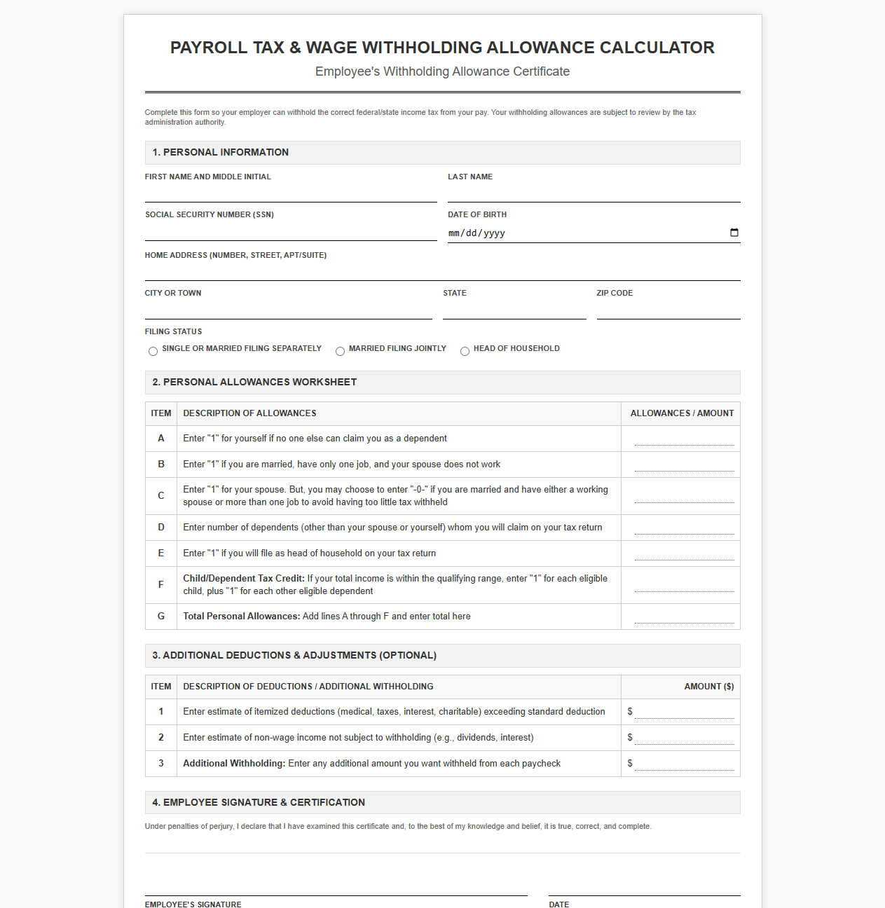Payroll Tax and Wage Withholding Allowance Calculator