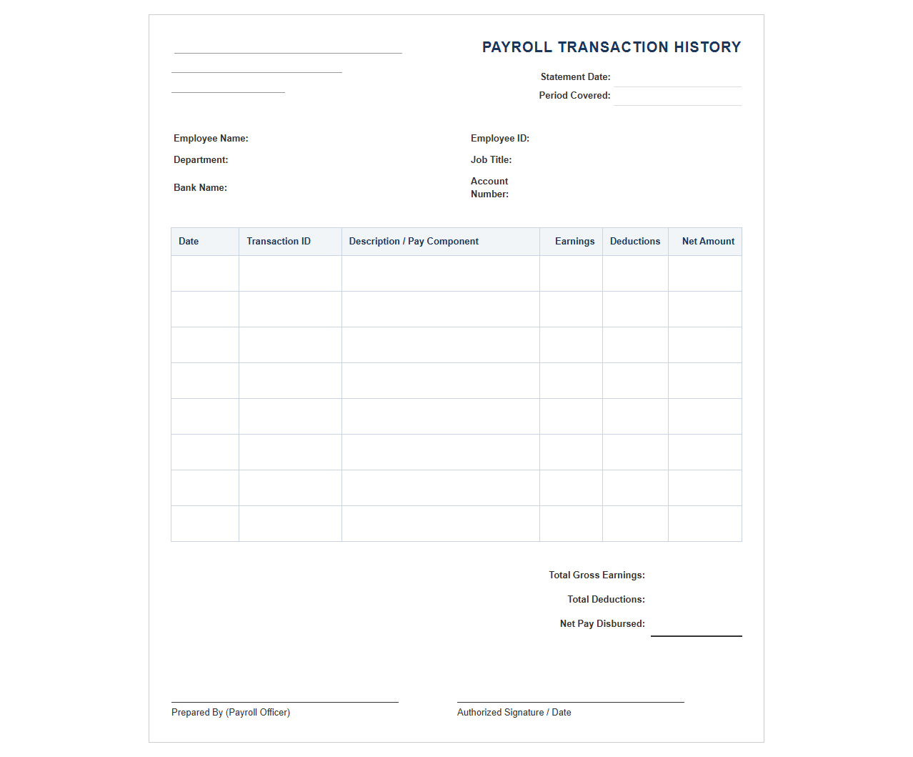 Payroll Transaction History Statement Format