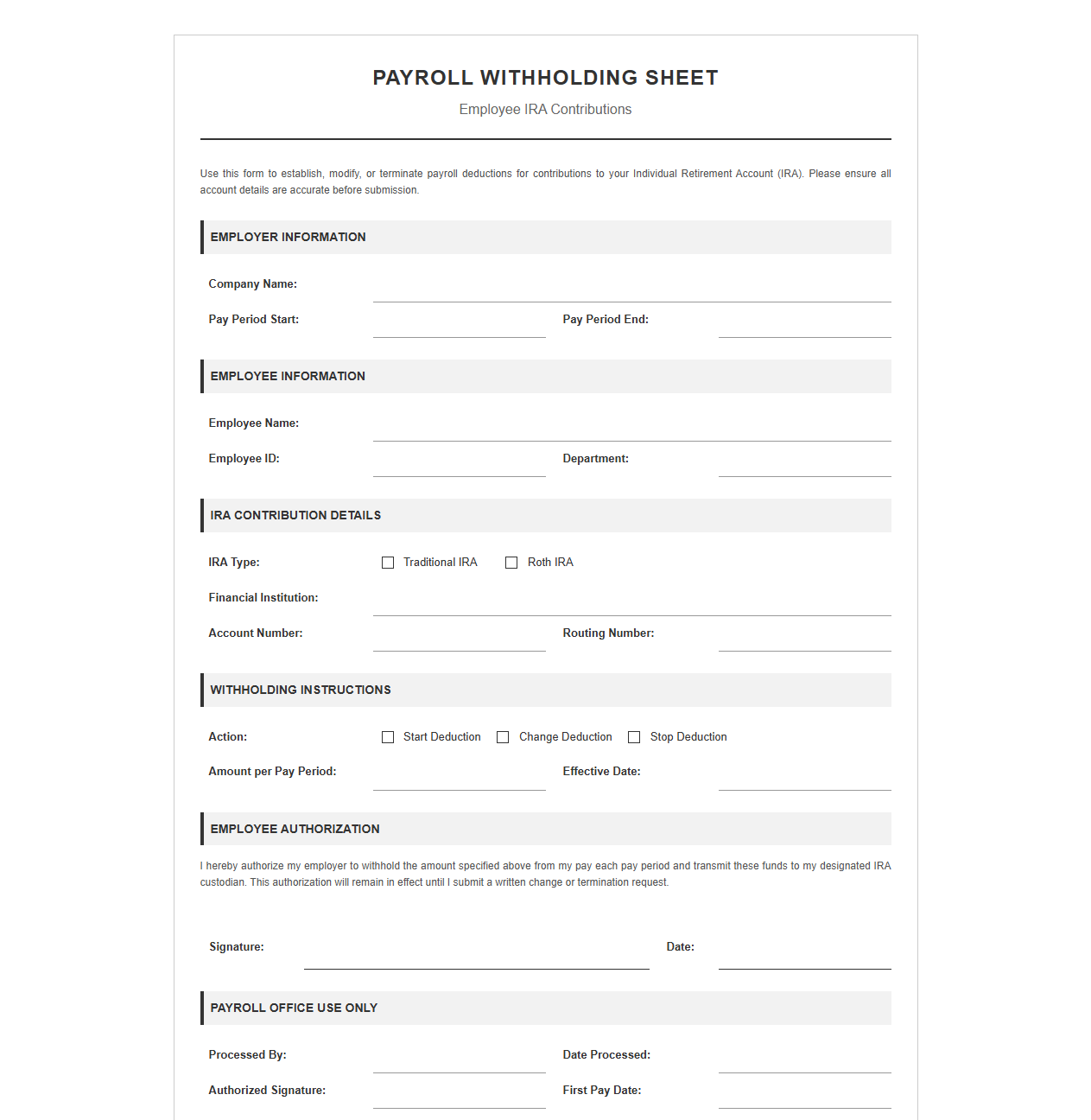 Payroll Withholding Sheet for Employee IRA Contributions
