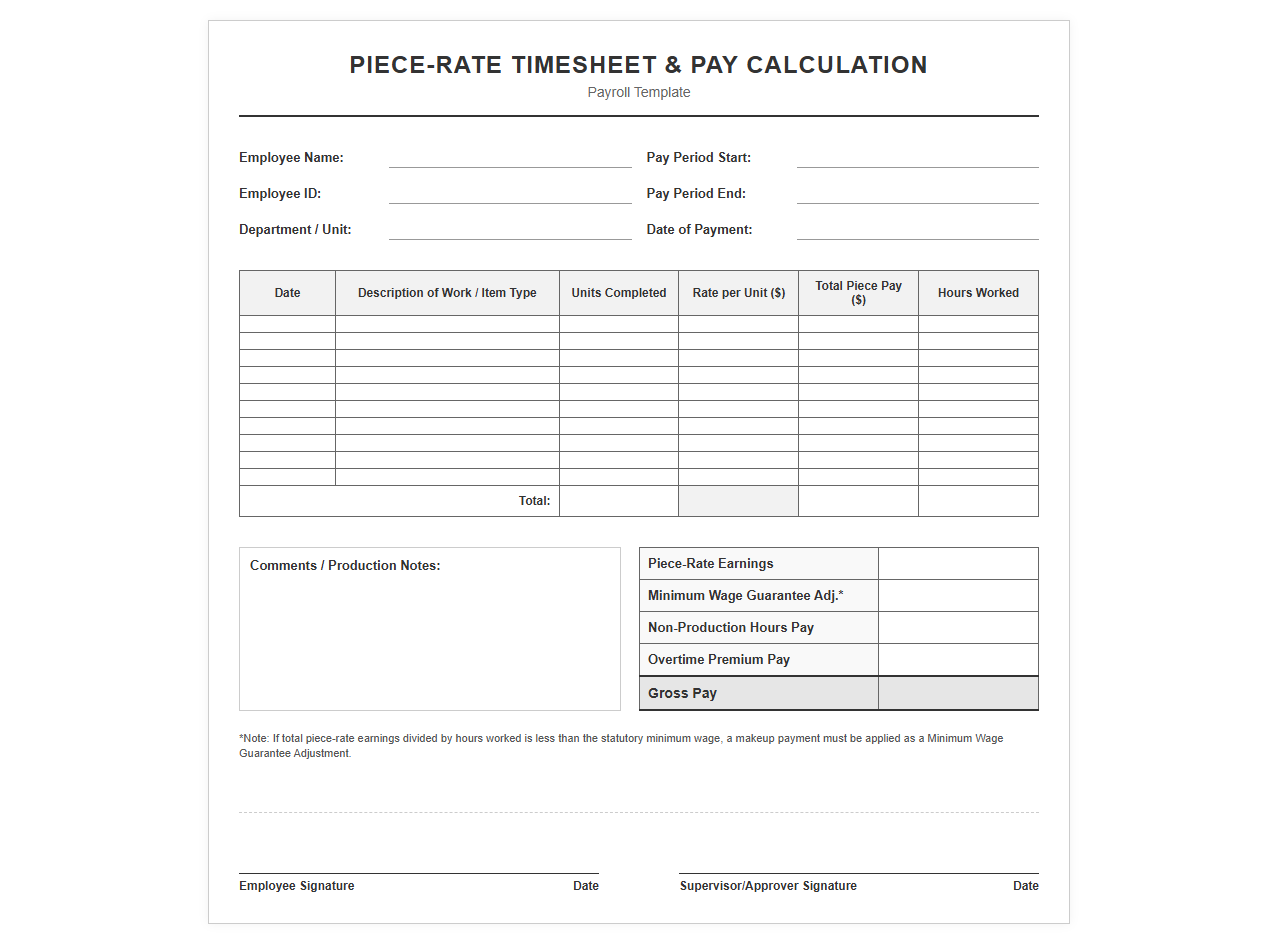 Piece-Rate Timesheet and Pay Calculation Template