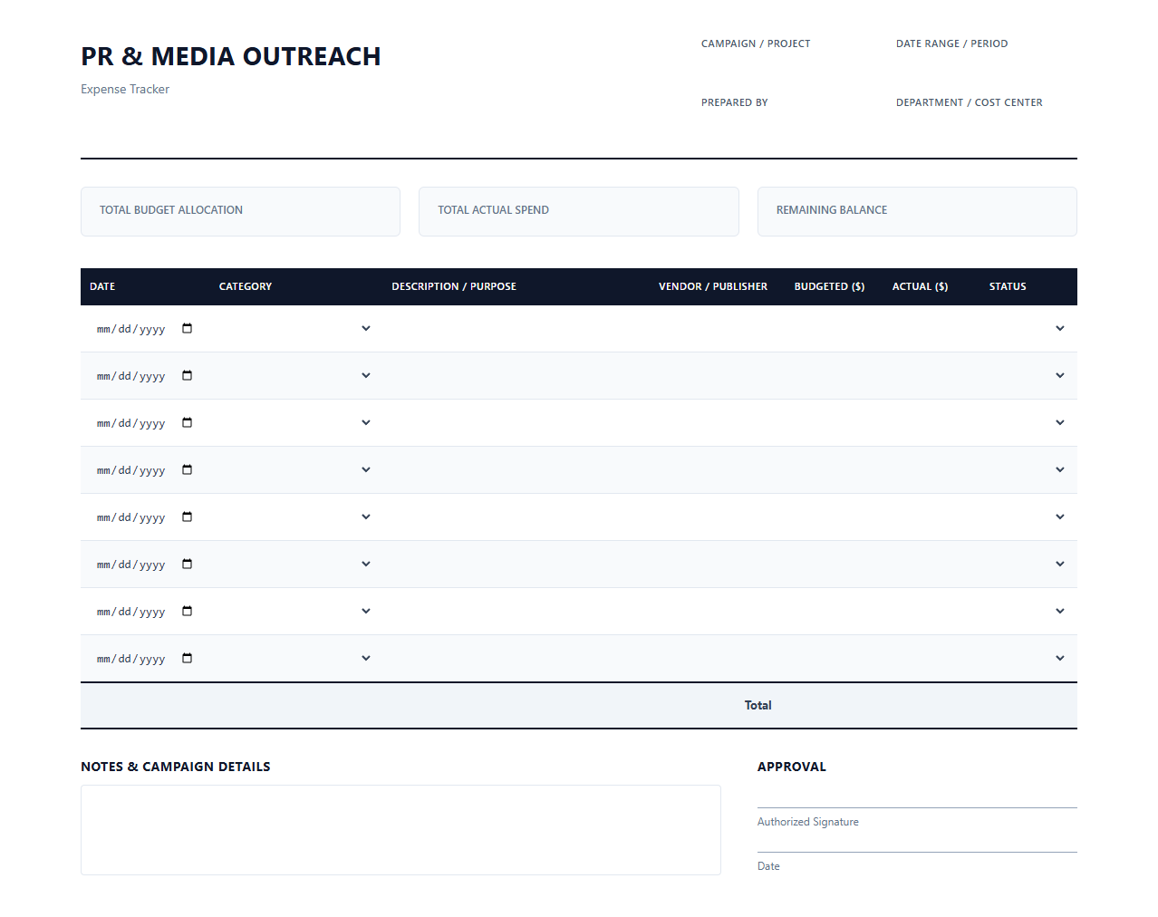 PR and Media Outreach Expense Tracker