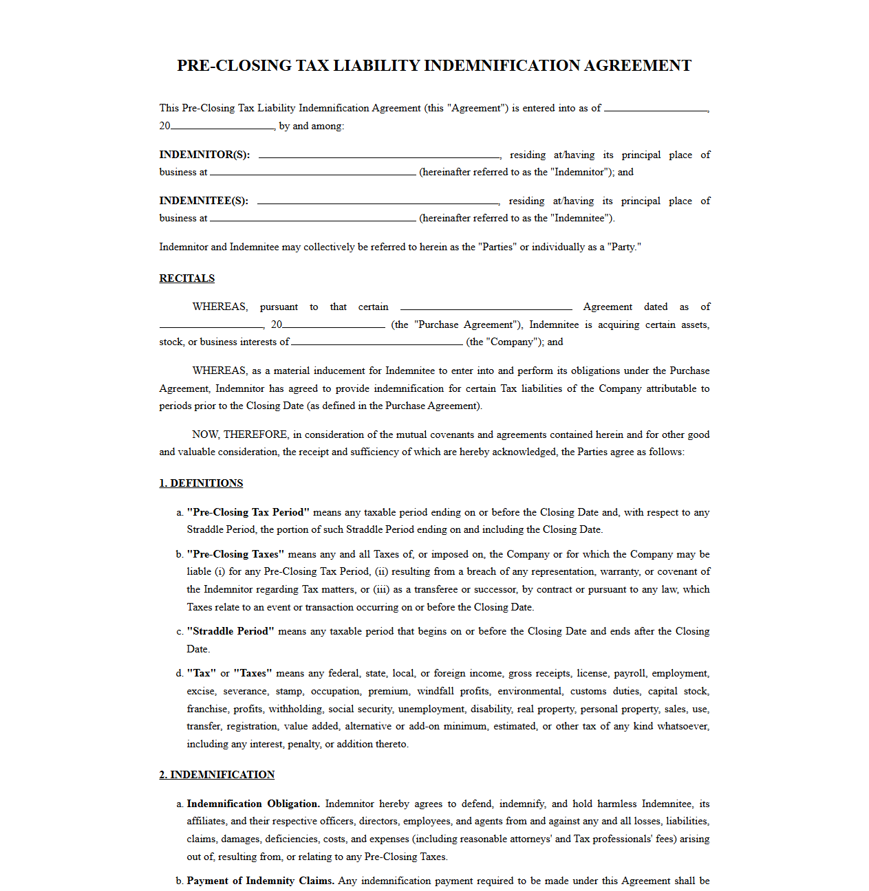 Pre-Closing Tax Liability Indemnification Contract