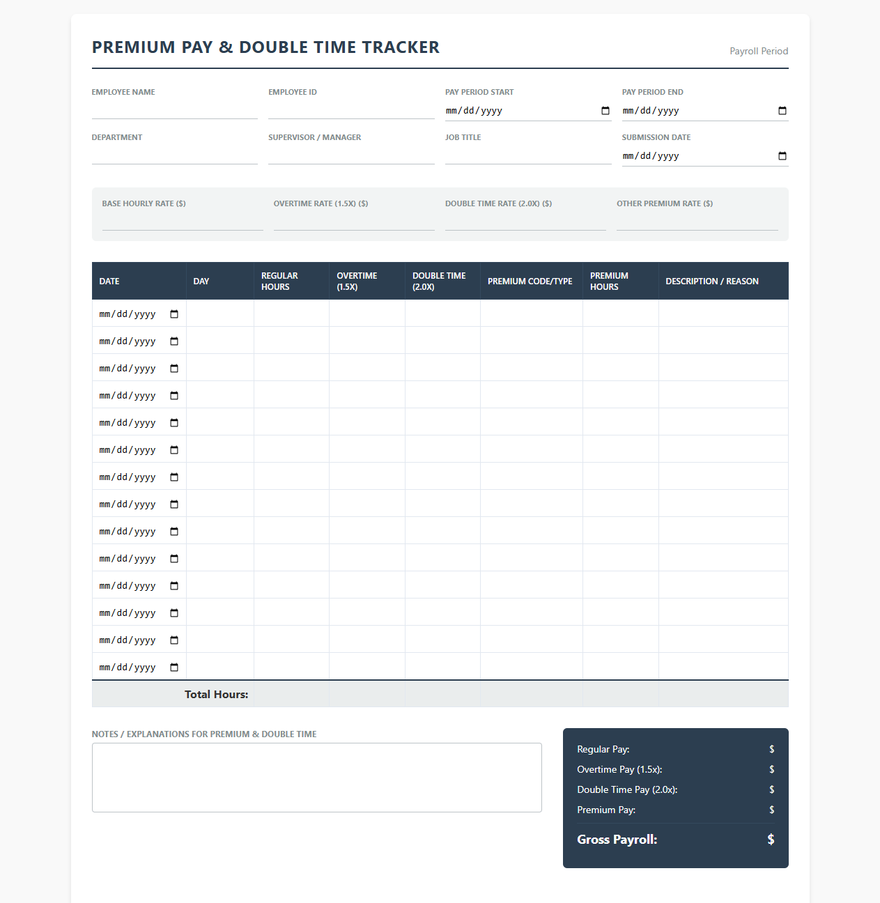 Premium Pay and Double Time Tracker