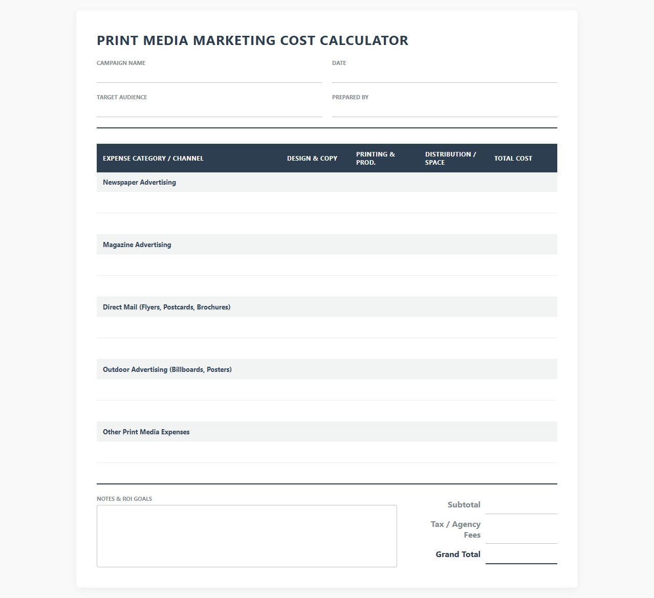 Print Media Marketing Cost Calculator