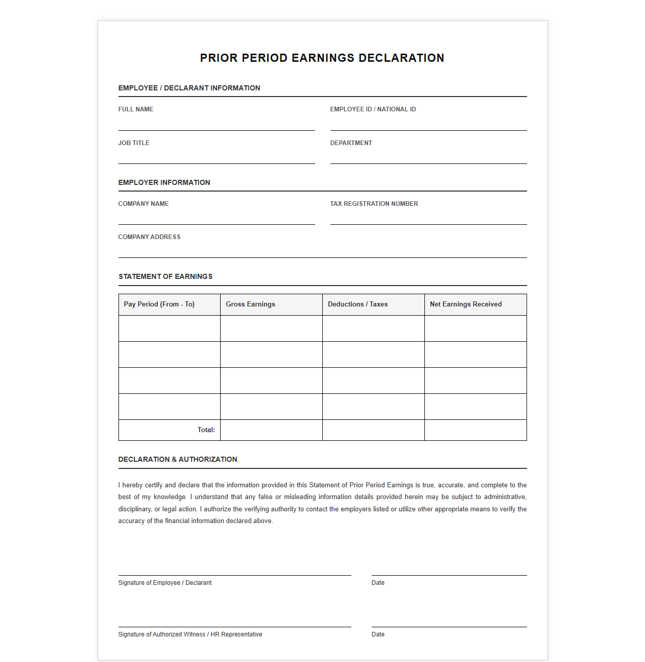 Prior Period Earnings Declaration Template