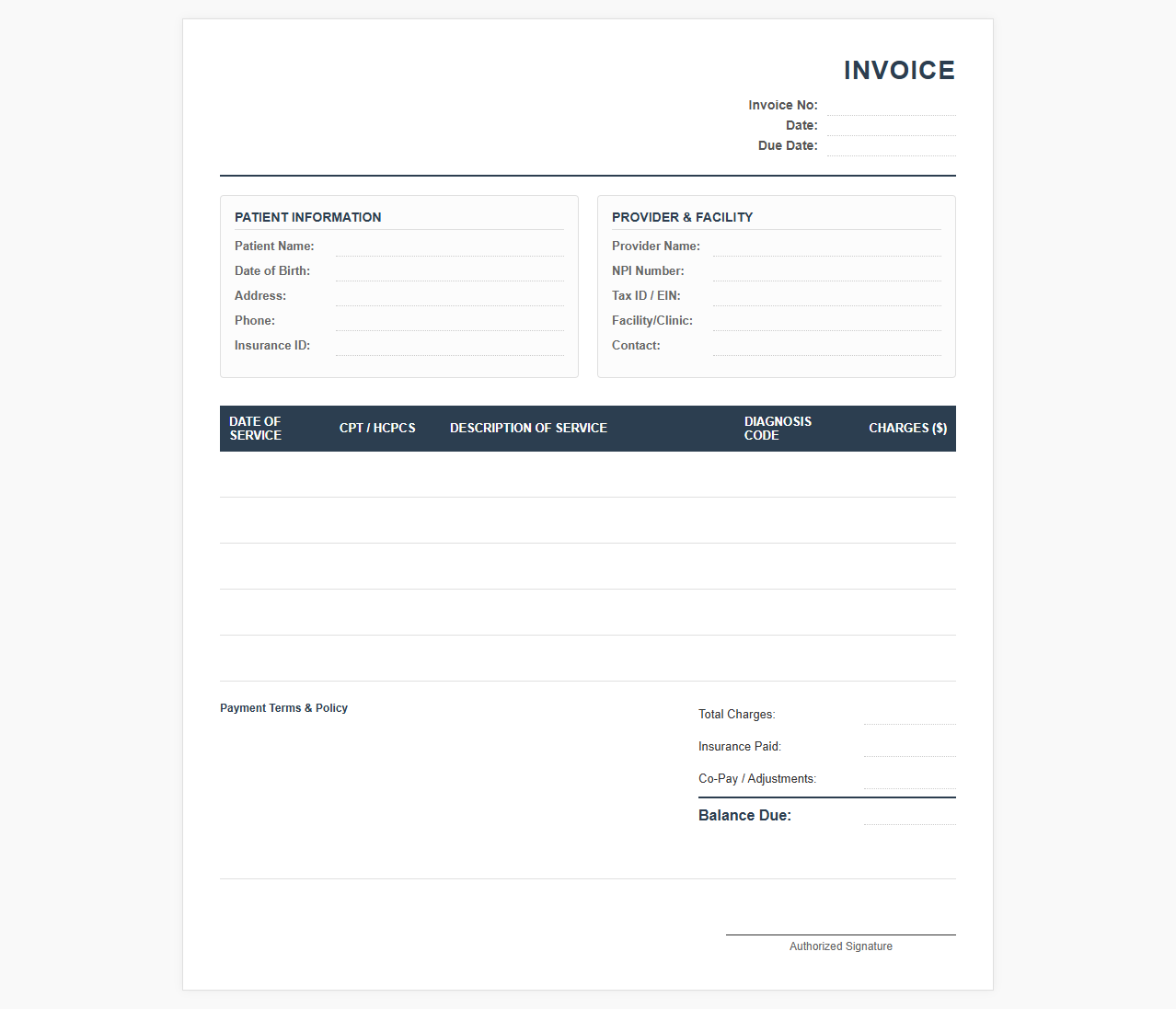 Private Practice Medical Service Invoice