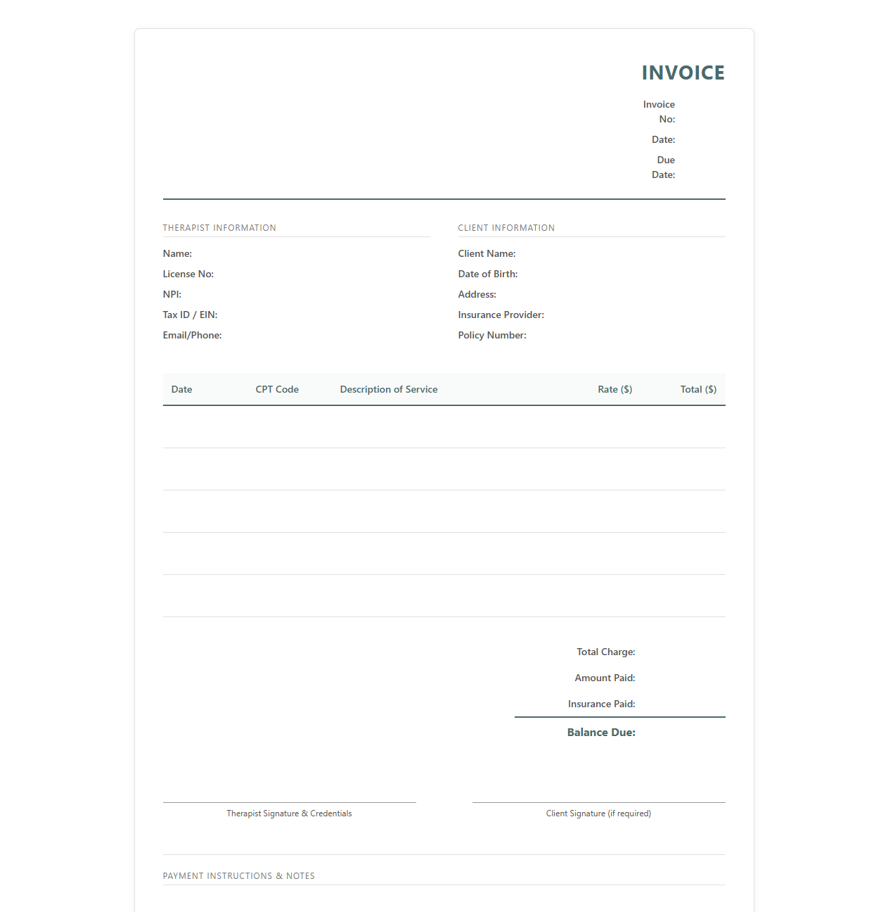 Private Practice Therapy Invoice Template