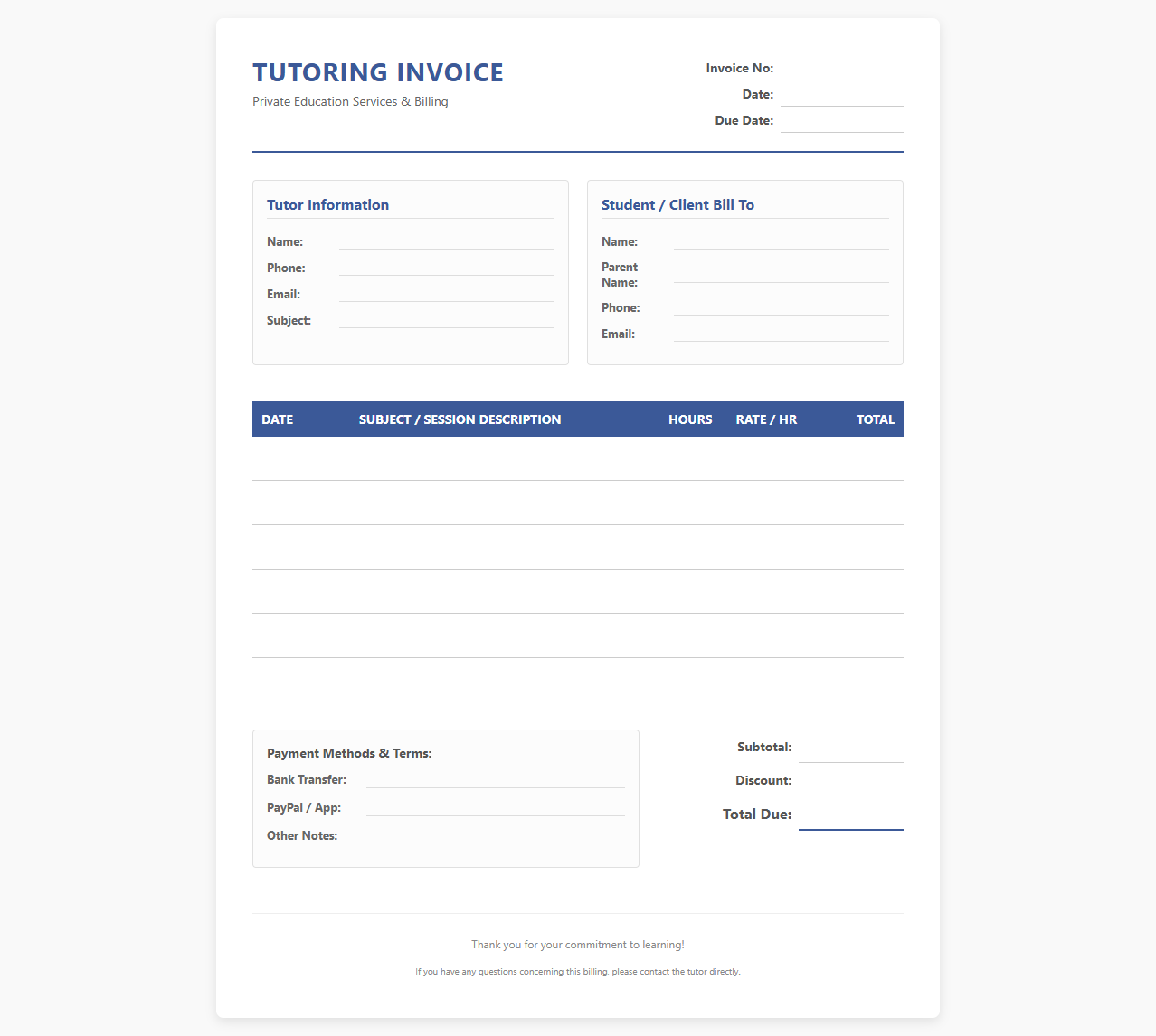 Private Tutor Billing and Invoice Sheet