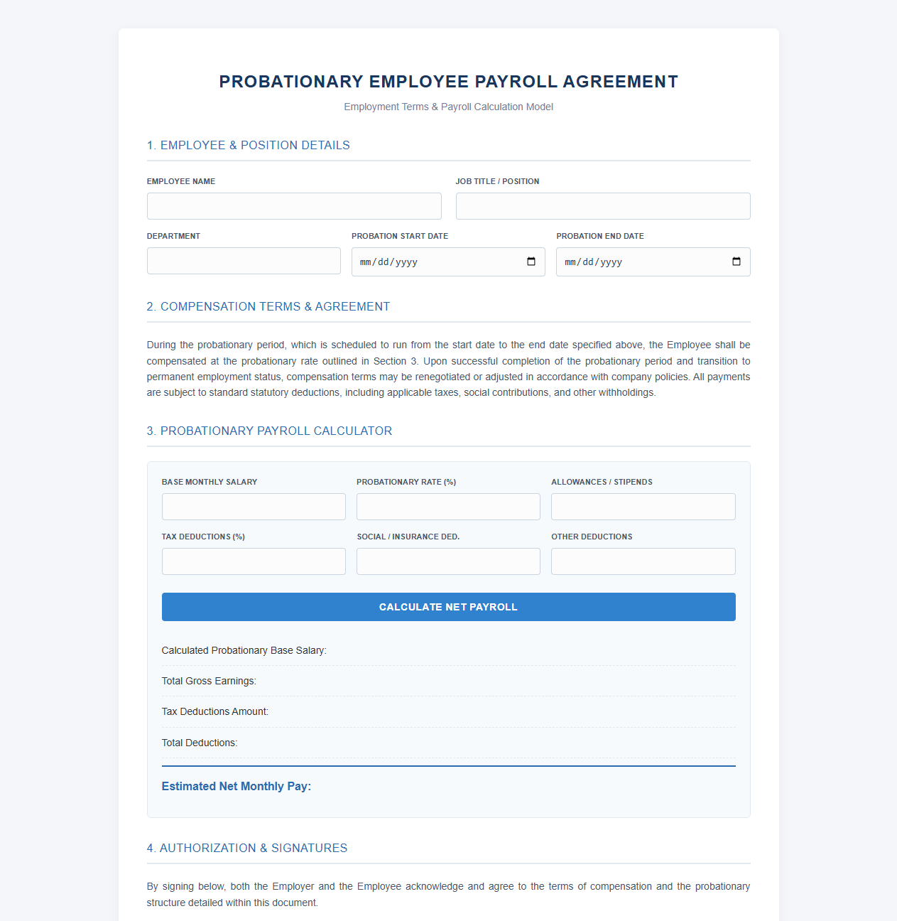 Probationary Employee Payroll Agreement and Calculator