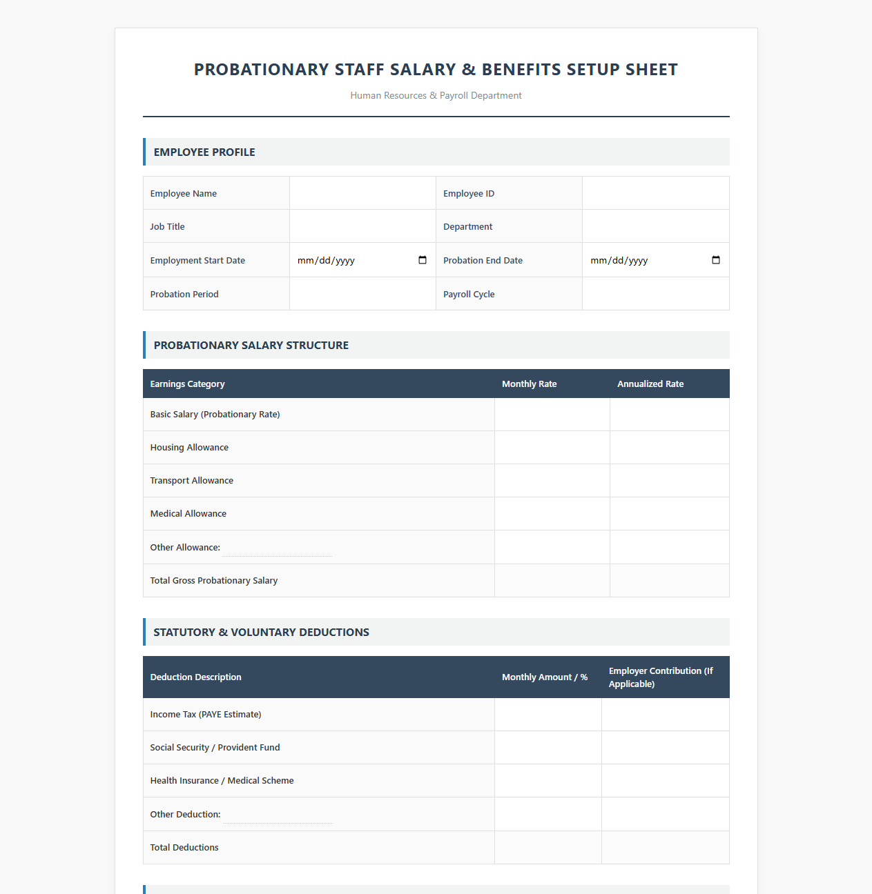 Probationary Staff Salary and Benefits Setup Sheet