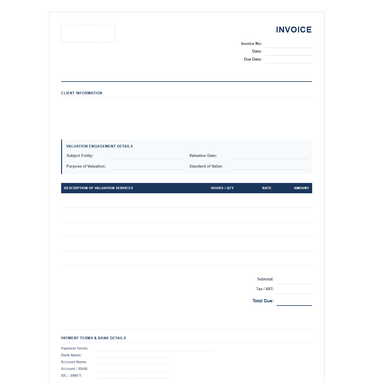 Professional Business Valuation Invoice