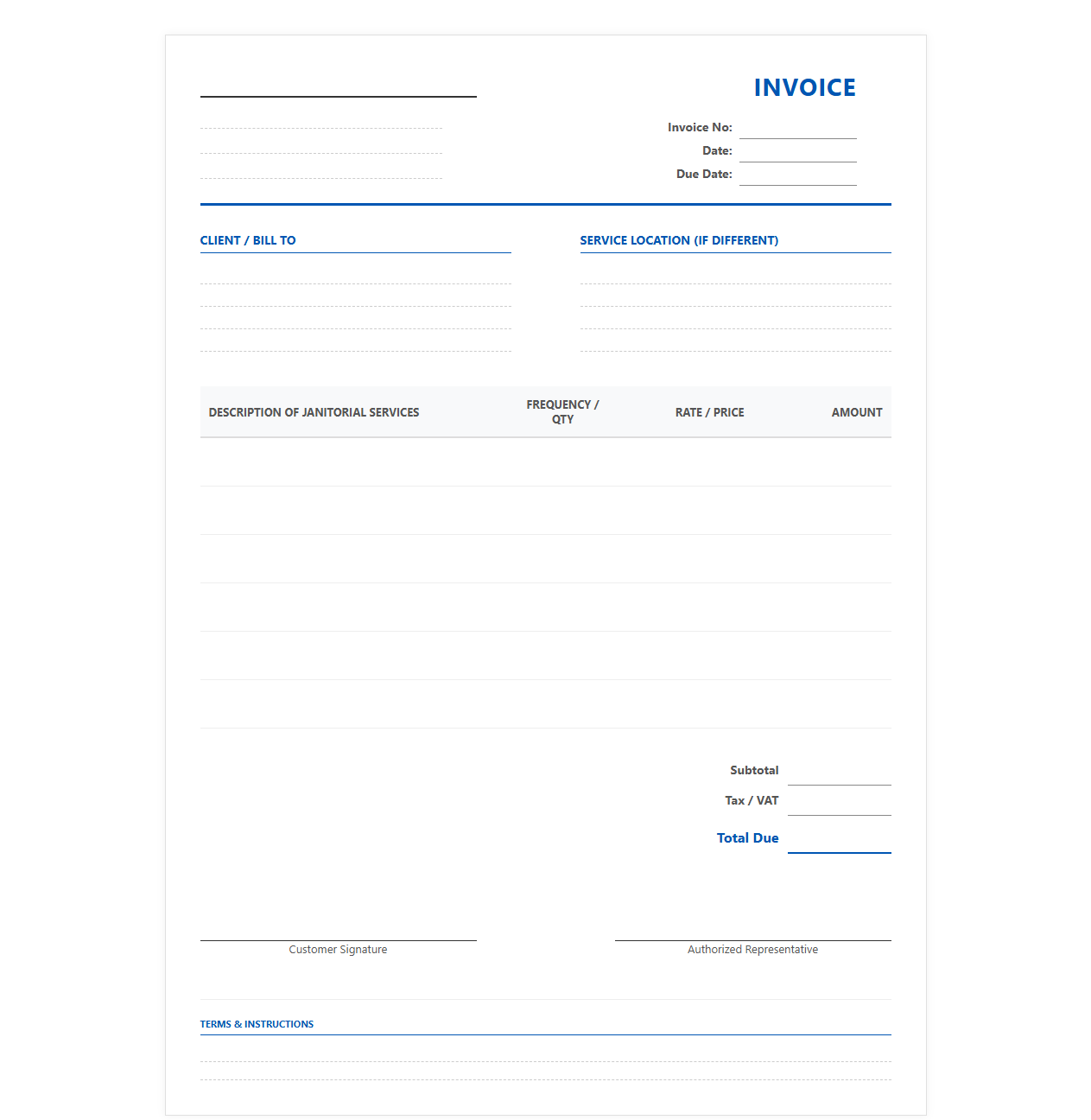 Professional Janitorial Work Invoice