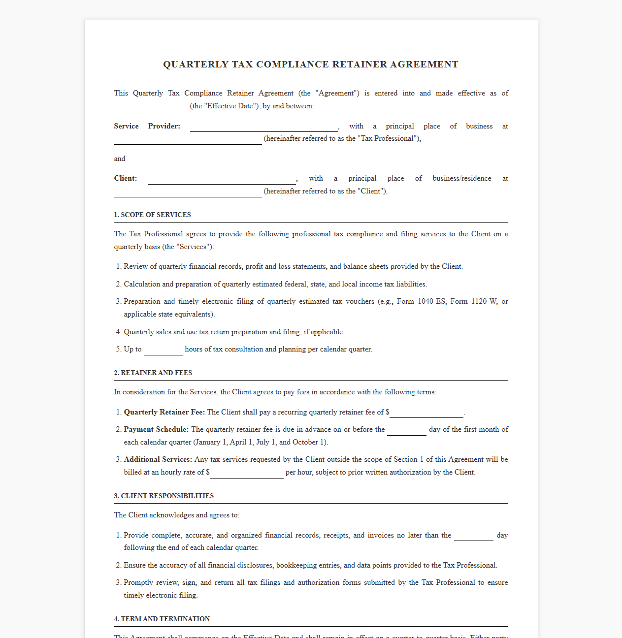 Professional Quarterly Tax Filing Retainer Agreement