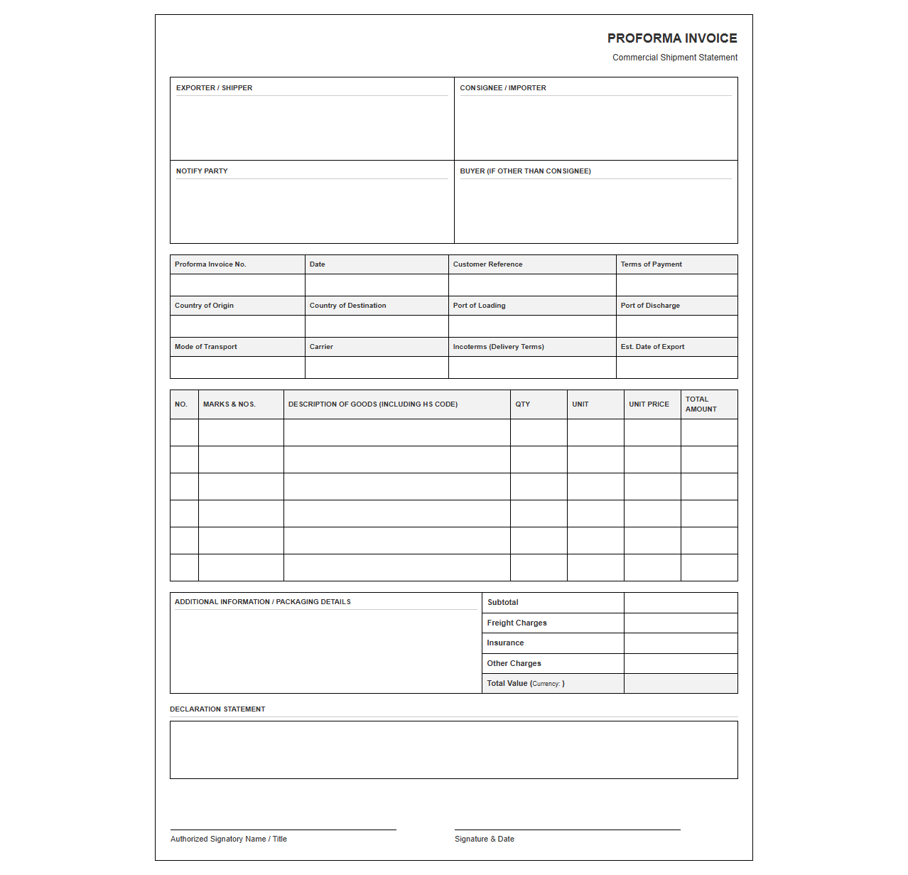 Proforma Billing Statement for Commercial Shipments