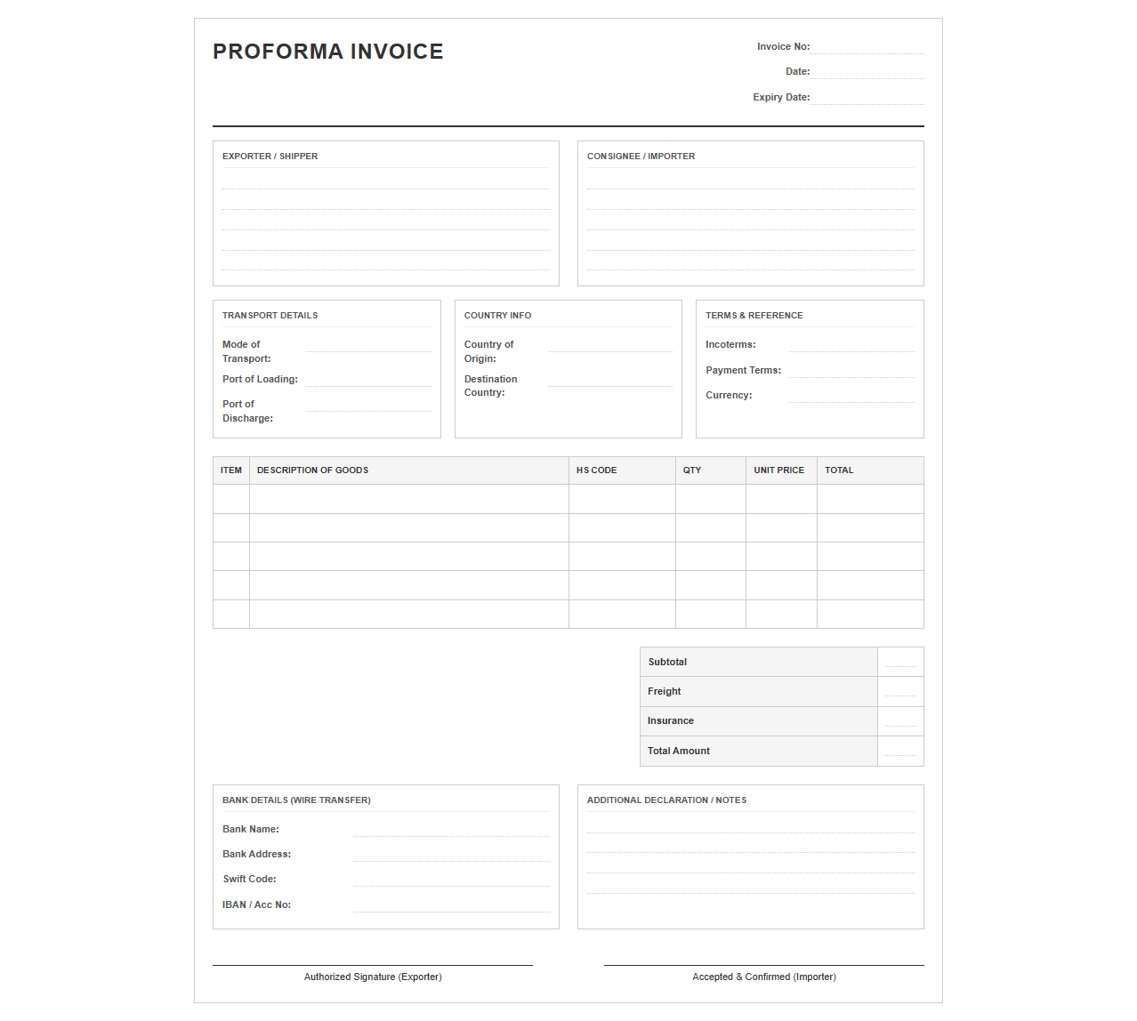 Proforma Export Invoice Template
