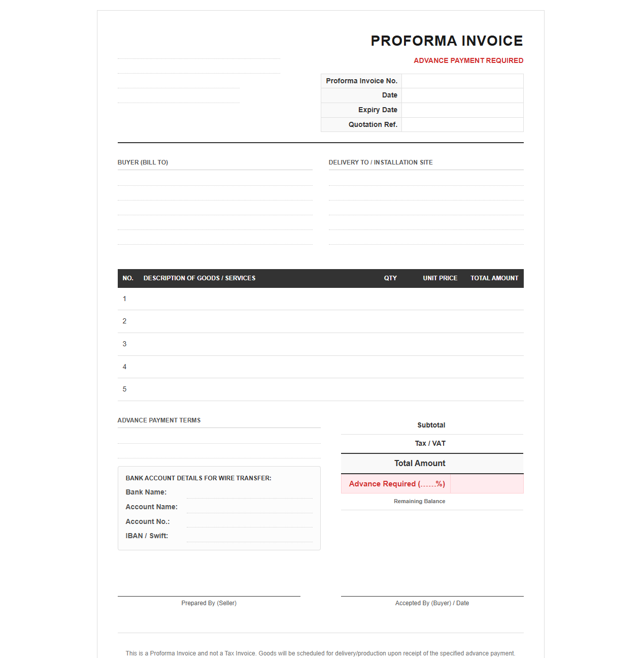 Proforma Invoice Template for Advance Payments