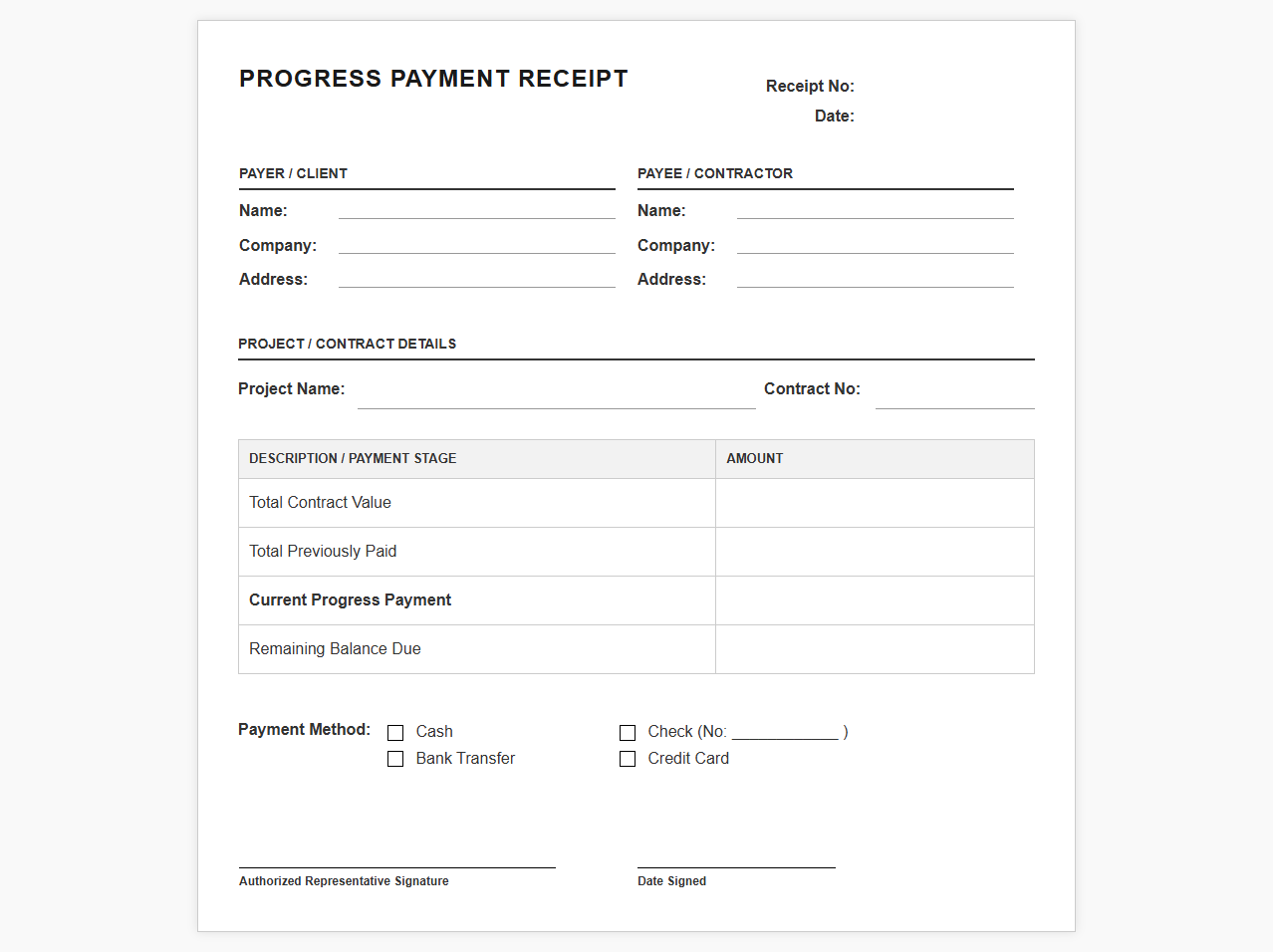 Progress Payment Receipt Document