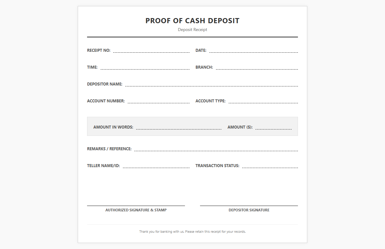 Proof of Cash Deposit Document