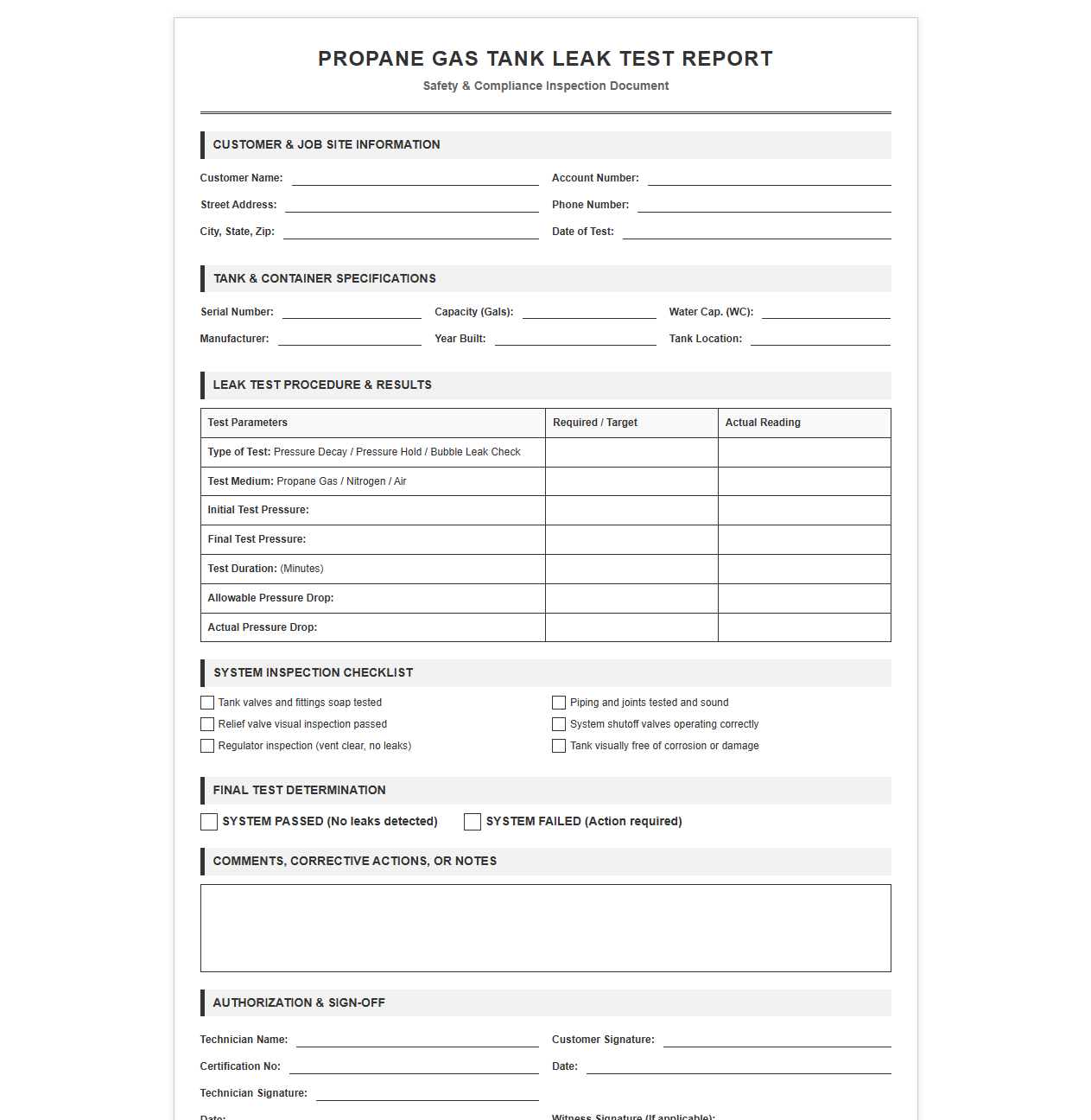 Propane Gas Tank Leak Test Report
