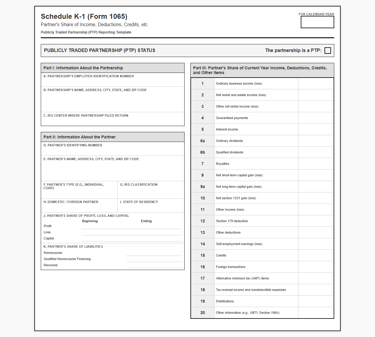 PTP Schedule K-1 Tax Reporting Template