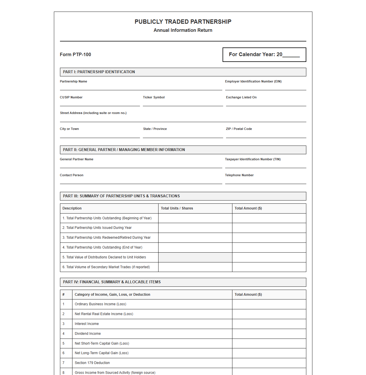 Publicly Traded Partnership Annual Information Return Template