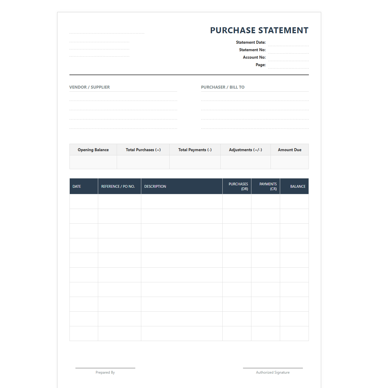 Purchase Account Statement Template