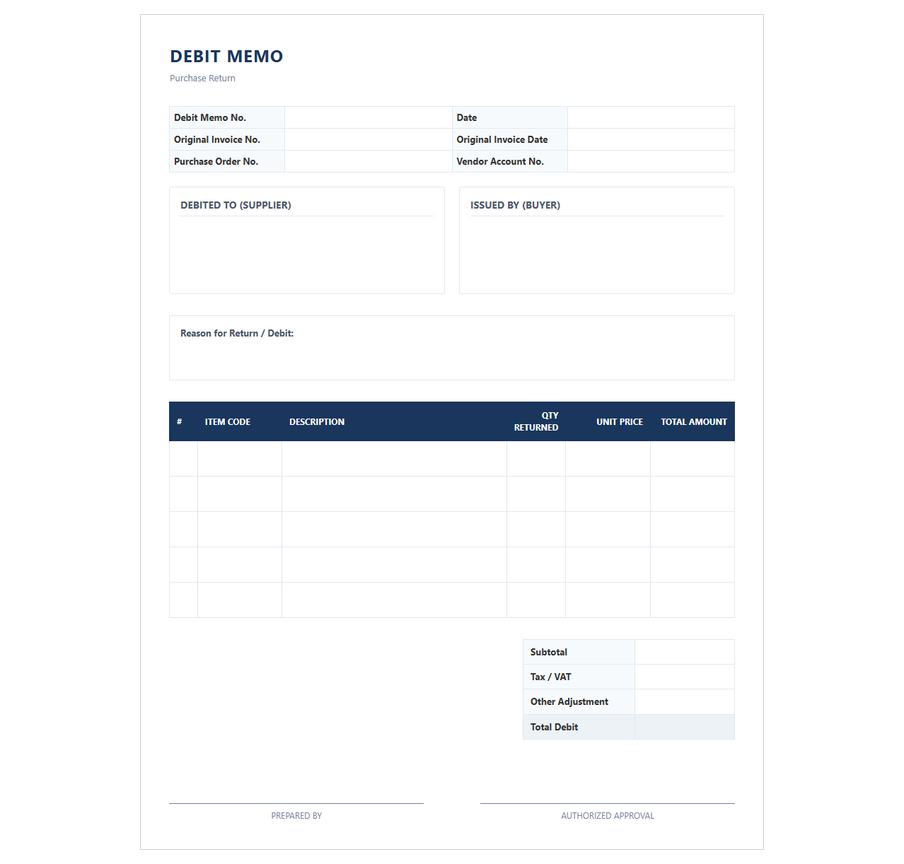 Purchase Return Debit Memo Invoice