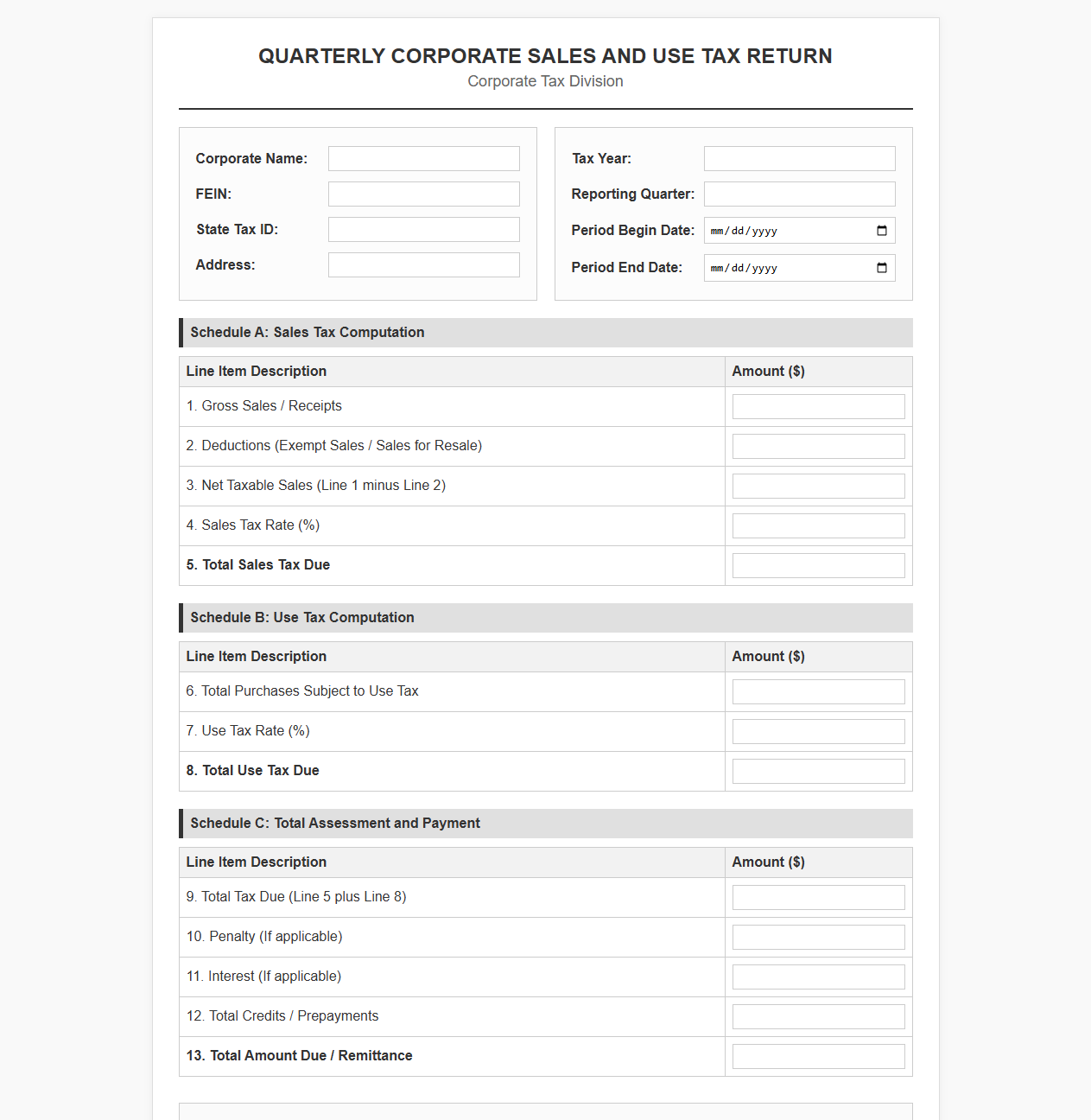 Quarterly Corporate Sales and Use Tax Reporting Template