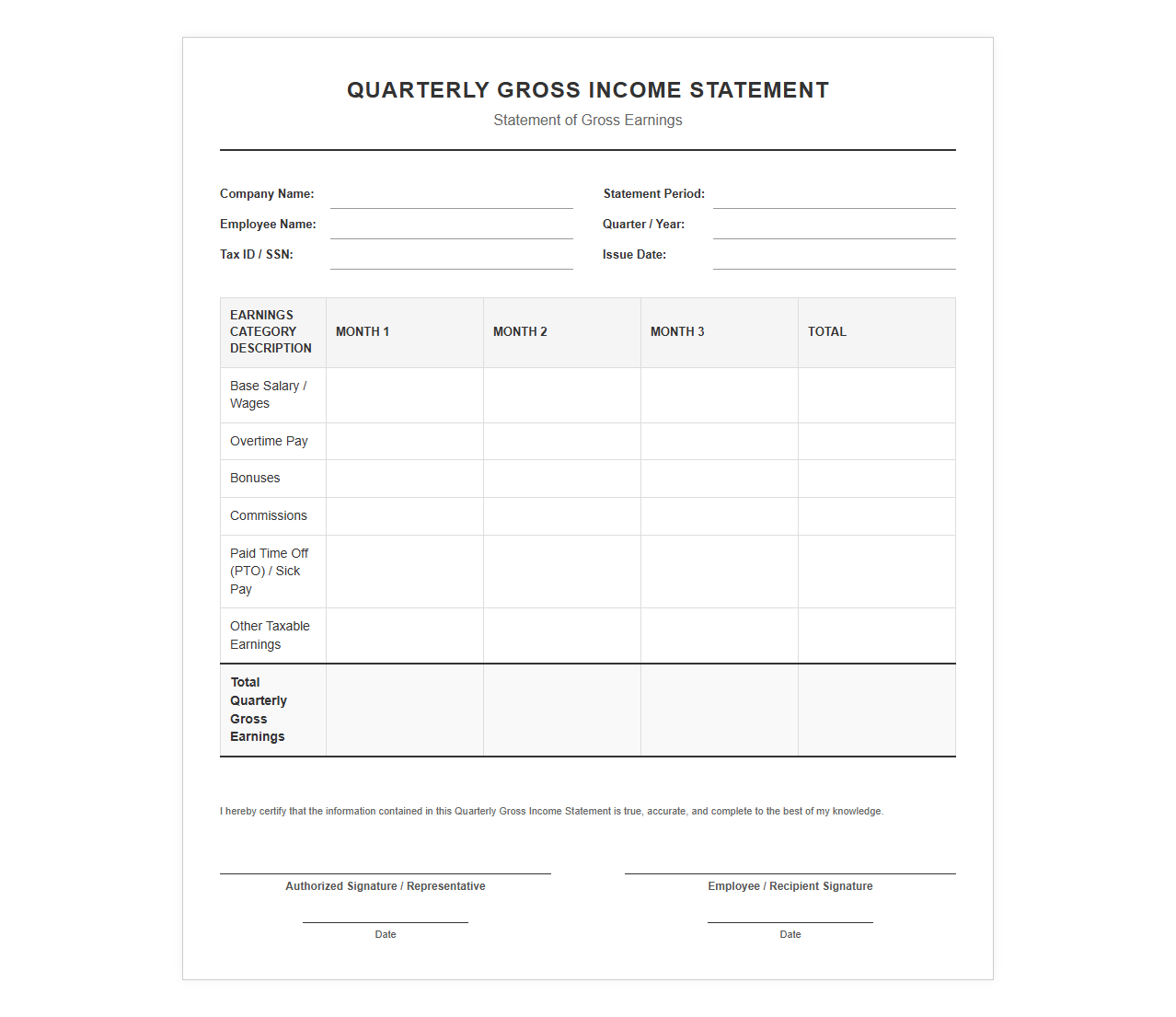 Quarterly Gross Income Statement Template