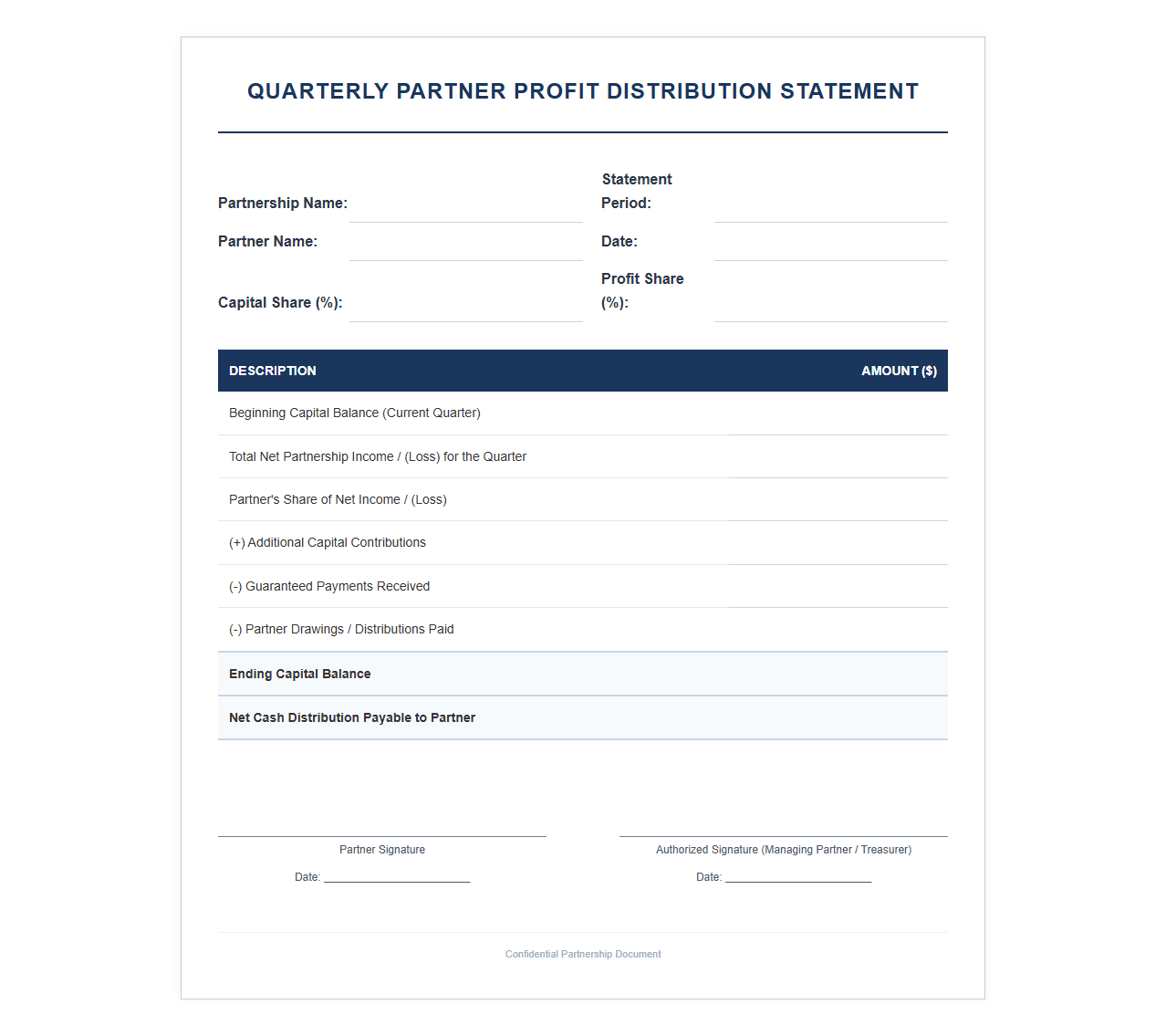 Quarterly Partner Profit Distribution Template
